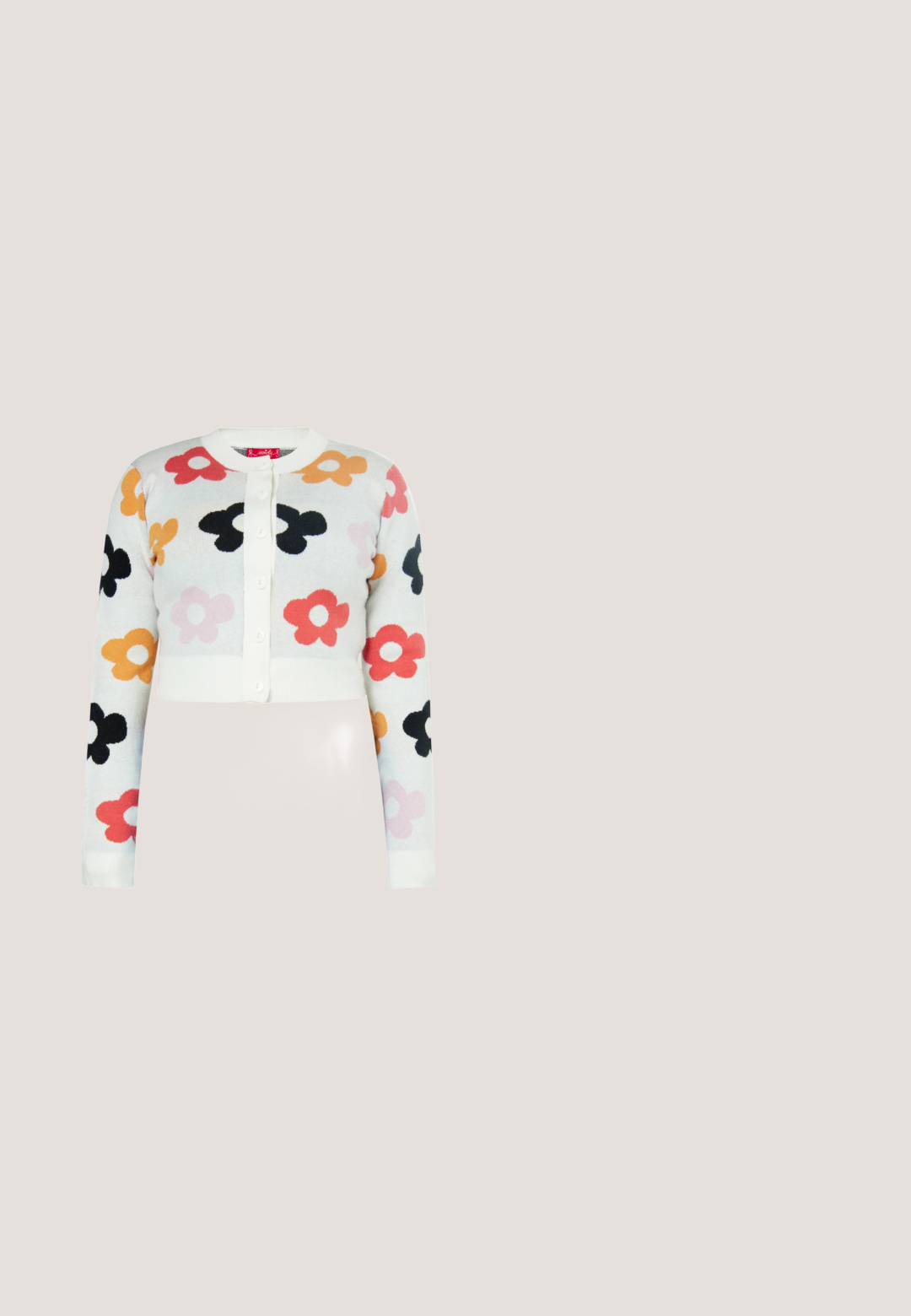 Korte cardigan van zachte brei met een witte basis en meerkleurige bloemen in zwart, roze, oranje en rood. Heeft een knoopsluiting aan de voorkant en geribbelde manchetten.; Even&Odd by Zalando Top - sky blue; Lichtroze rok met kleine paarse, oranje en gele bloemenpatronen en speelse kattenillustraties verspreid over de stof.; Roze fluwelen Mary Jane-schoenen met witte platformzolen, versierd met bloemapplicaties en kantdetails rondom de opening en de enkelband.; Ronde roze handtas met een wit en roze hondengezicht met glinsterstrik en hartvormige bril, een bovenhandvat en een zijkant tassel ritsluiting.; Lichtblauwe stofkraag met witte stippen, ruches en een strik aan de voorkant, ontworpen als een decoratief neksieraad.