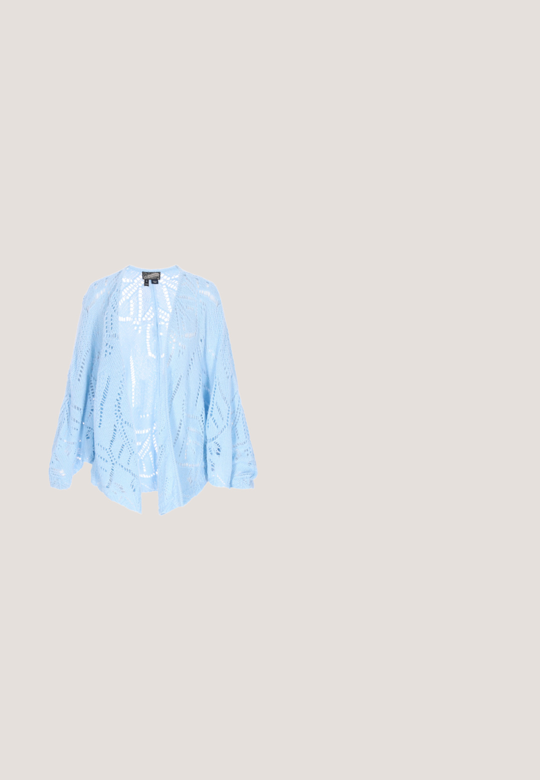Lichtblauwe opengewerkte cardigan met een losse pasvorm, voorzien van een kanten patroon en wijde mouwen. Gemaakt van zacht, ademend garen.; Lichtblauw gestreepte katoenen jurk met lange mouwen, ruches aan de onderkant en een striksluiting bij de hals. Heeft een losse pasvorm en een zachte textuur.; Witte sneaker met een mix van texturen, inclusief glanzend blauw en luipaardprint accenten. Heeft roze en grijze panelen, en blauwe veters.; Blauwe stoffen handtas met geborduurde bladpatronen en een klein olifantenbedeltje bevestigd aan één handvat.; Zilveren oorbellen met een glad, afgerond ontwerp, voorzien van kleine, heldere edelstenen in het oppervlak gezet. Twee aanzichten getoond: voor- en zijaanzicht.; Lichtblauwe leren riem met zilveren gesp, plat opgerold op een witte achtergrond.