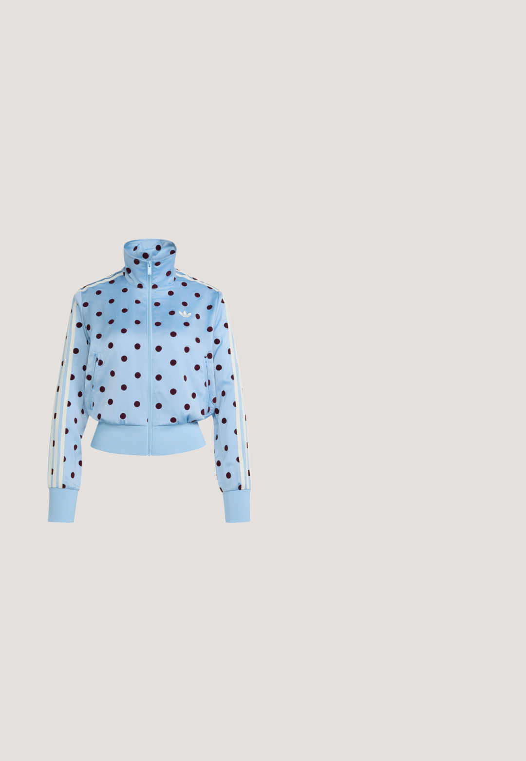 Lyseblå lynlåstrøje med mørkelilla polkaprikker, høj krave, hvidt Adidas trefoil-logo og tre hvide striber på ærmerne.; Marineblå Adidas t-shirt med korte ærmer med hvide tre striber på skuldrene og lille logo på venstre bryst.; Marineblå atletikshorts med elastisk linning, hvid kant, åndbart mesh-stof og Adidas-logo i nederste højre ben.; Sølvfarvet sportssko med en glat læderoverdel, gummisål og teksturerede detaljer. Har et buet design og tonede snørebånd.; Skinnende mørkeblå håndtaske med dobbelte håndtag og justerbar rem, med en stor hvid Adidas trefoil-logo på forsiden.; Gennemsigtig broche med blomstermotiv, lavet af klart materiale, med detaljeret udformning og en glat overflade.