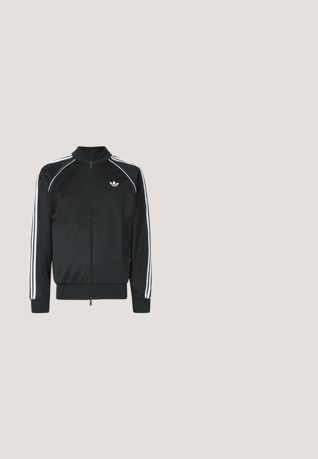Black zipped track jacket made of smooth synthetic material. Features white accent stripes along sleeves and a small logo on the chest.; Black short-sleeve Adidas T-shirt with crew neck, subtle brand logo on chest, and stitched panel details along shoulders and sides.; Black athletic pants made of shiny material with elastic waistband, featuring two yellow stripes along the side and a small logo.; Black and gray Adidas sneaker with white stripes, lace-up front, and cushioned sole, shown in side profile on a white background.; Black triangular crossbody bag with front zip pocket featuring Calvin Klein logo and adjustable strap.; Black stainless steel watch with a minimalist round face, mesh band, and two sub-dials; features silver hour markers and hands.