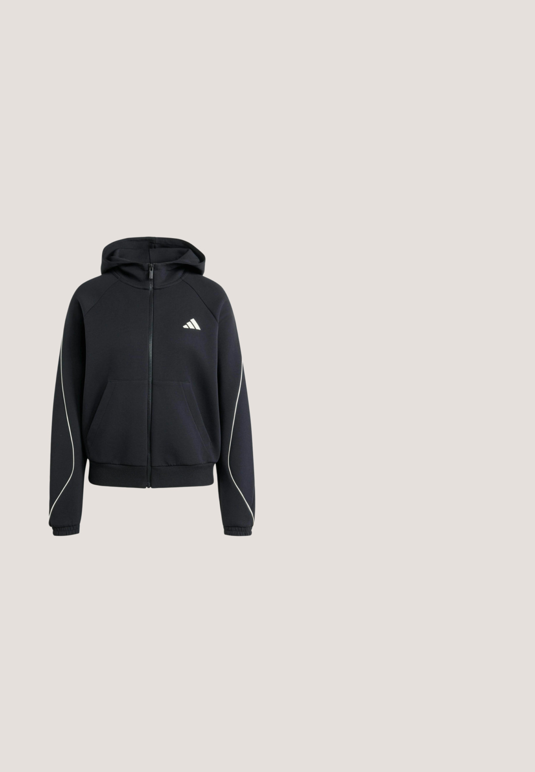 Sort hættetrøje med lynlås foran, lommer foran, elastiske manchetter, hvide piping detaljer på ærmerne og et lille hvidt Adidas-logo på brystet.; Sort atletisk T-shirt lavet af blødt stof, med rund halsudskæring, korte ærmer og tre hvide striber på hver skulder. Hvidt logo på brystet.; Sorte capri leggings med en bred talje, udstyret med hvide sideløsninger og et hvidt Adidas-logo på venstre lår. Glat tekstur.; Grå ruskind slip-on sneaker med tekstureret overflade, der har tre laterale striber og rundet tå. Gummisål med minimalt design.; Sort halvmåneformet Adidas taske med dobbelte håndtag og en justerbar skulderrem, der viser det hvide Adidas trefoil-logo midt for.; Sølvrunde ørehængere i skaldform med strukturerede riller og glatte kurver, der har en klar bagside for sikker bæring.