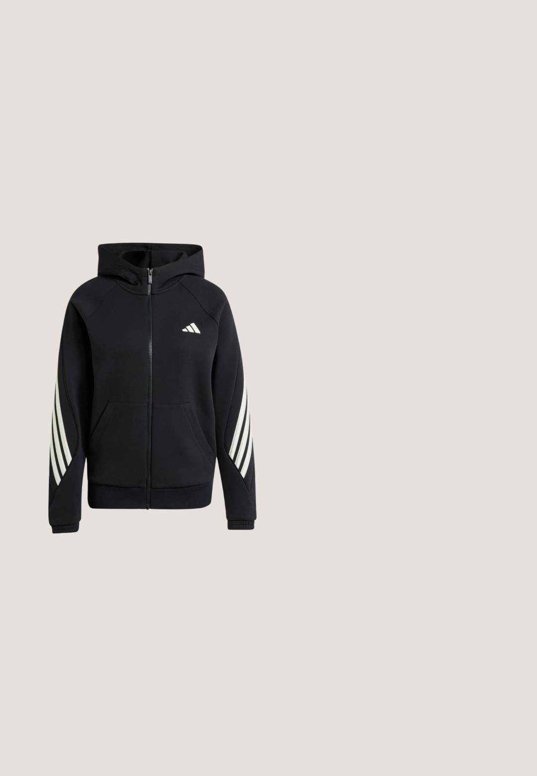 Sort lynlåshættetrøje med hætte, forlommer, hvide diagonale striber på ærmerne og lille hvidt logo på brystet.; adidas Sportswear STADIUM COVER - Vest - black/off-white; Sort cropped atletisk t-shirt med et struktureret mønster, korte ærmer og et hvidt logo på brystet. Materialet ser glat og fleksibelt ud.; Sorte leggings med høj talje, snøre-detalje og sidelommer. Fremstillet af glat materiale med reflekterende logo-accent.; Sort-hvid Adidas Supernova løbesko med mesh-overdel, tre striber, polstret sål mærket Dreamstrike og hælflig.; Sort stor tote taske med dobbelte håndtag, front lynlåslomme og aftagelig skulderrem mod en hvid baggrund.