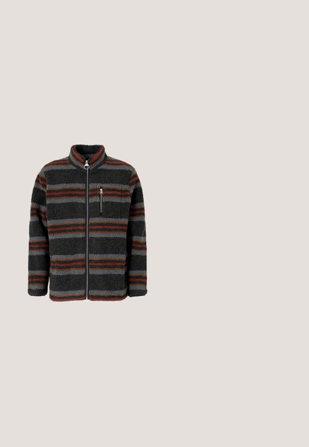 Schwarze Fleecejacke mit horizontalen roten, braunen und grauen Streifen, hohem Kragen, Frontreißverschluss und einer mit Reißverschluss versehenen Brusttasche.; Schlichtes weißes T-Shirt mit kurzen Ärmeln und rundem Halsausschnitt, auf weißem Hintergrund präsentiert, mit dem Markenlabel Drykorn im inneren Kragen.; Blaue Straight-Leg-Denim-Jeans mit vorderer Knopf- und Reißverschluss, Gürtelschlaufen und Fünf-Taschen-Design auf weißem Hintergrund.; Schwarze Lederschuhe mit glatter Oberfläche, runder Zehenform und dekorativer Naht. Mit einer Gummisohle mit Traktionsrillen und Schnürdesign.; Schwarze rechteckige Sonnenbrillen mit verlaufsdunklen bis hellen Gläsern. Kunststoffrahmen mit schlankem Design und minimalen Hardwaredetails an den Seiten.; Schwarze Leder-Gürteltasche mit strukturiertem Finish. Verfügt über eingravierten Markennamen und einen Reißverschluss, verstellbaren Tragegurt und minimalistisches Design.