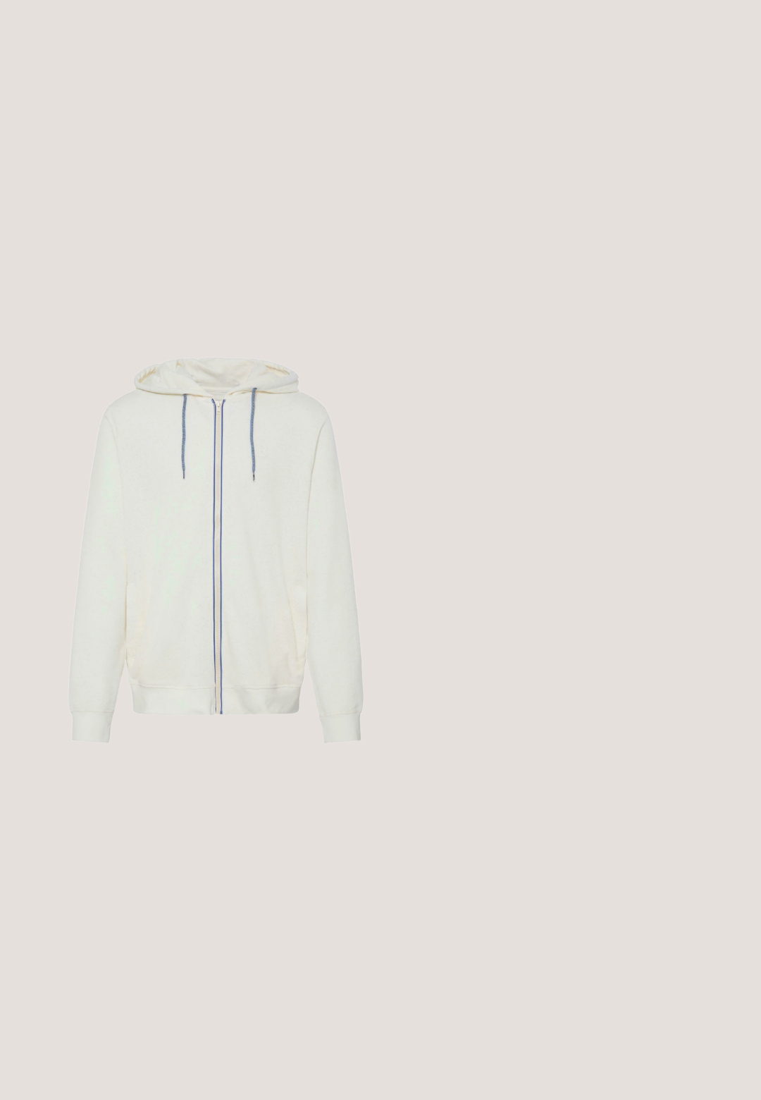 Sweat à capuche blanc zippé en tissu doux, avec capuche à cordon de serrage, accents bleu sur la fermeture éclair et poches latérales. Design simple, sans motifs.; Chemise bleu clair à manches courtes avec boutons, col classique et motif texturé subtil, présentée sur un fond blanc.; Pantalon en lin bleu clair avec taille élastique et cordon de serrage, coupe droite, style décontracté.; Bottines en daim bleu avec une semelle plate en caoutchouc blanc, présentant des coutures minimales et un design simple. Pas de lacets ou de matériel visible.; Sac bandoulière en cuir bleu marine avec une bandoulière réglable, poche zippée à l'avant, texture lisse et logo en relief sur le panneau avant.; Ceinture en tissu bleu tressé avec boucle et passant en métal argenté, posée à plat en forme circulaire sur fond blanc.