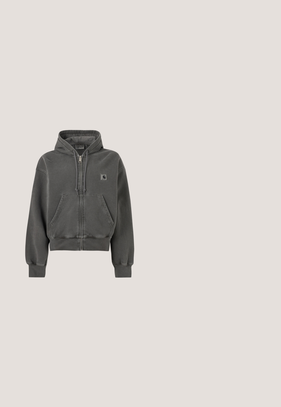 Donkergrijze hoodie met rits, voorzakken, capuchon met trekkoord, geribbelde manchetten en een klein Carhartt-logo op de borst.; Zwart kort mouw crop top met roze afbeelding van een dolfijn, zeester en zon aan de voorkant tegen een effen achtergrond.; Grijze stof met een gladde textuur, die zachte plooien en subtiele variaties in tint laat zien, wat duidt op een lichtgewicht en flexibel materiaal.; adidas Originals CAMPUS 00S W - Sneakers laag - core black/carbon/gold-coloured; Zwarte gewatteerde draagtas met gevoerd handvat en subtiele golfvormige stiksels, voorzien van een klein "GOT BAG"-logo nabij het midden onderaan.; Set glanzende zilveren oorringen met scharnierklem, licht ovaal van vorm, weergegeven tegen een witte achtergrond.