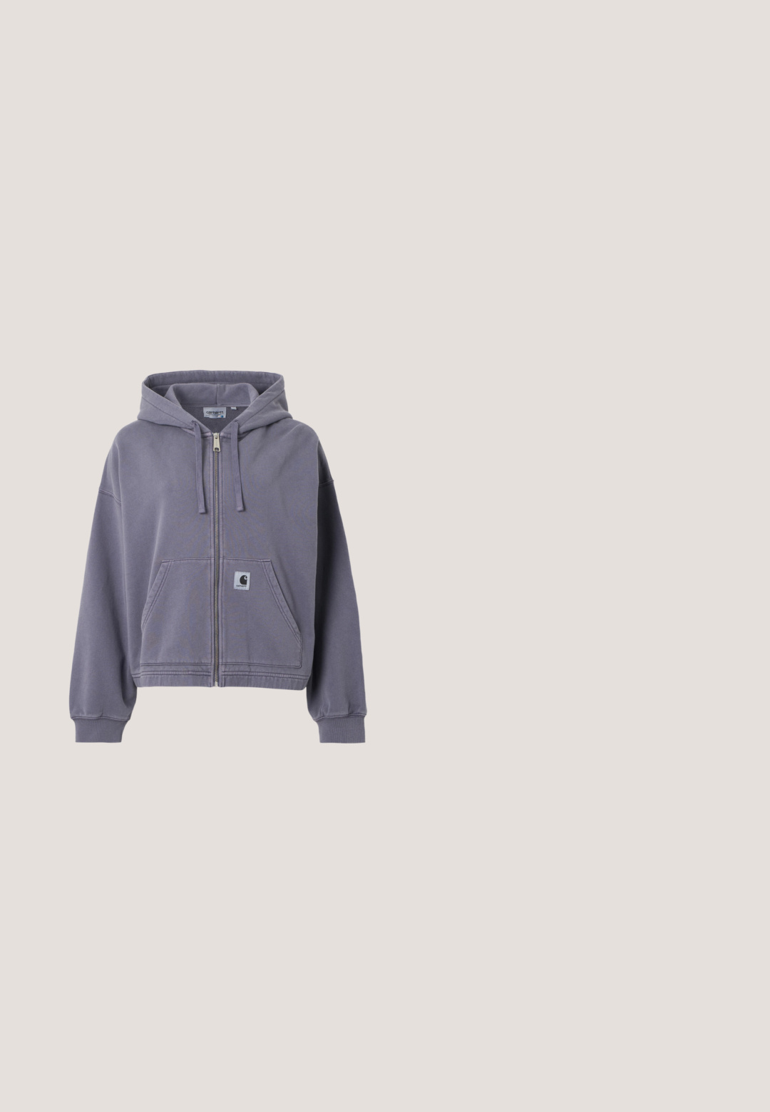 Lilla hættetrøje med lynlås lavet af blød bomuld. Har en forlommer, justerbar snorehættet og ribkantede ærmegab. Indeholder Carhartt logo-etiket.; adidas Originals SNAKETEE - T-shirts print - medium grey heather; Grå, ribbede, flagrende bukser lavet af blød stof med en subtil tekstur; har høj talje og let falmet detalje på benene.; Lys lilla løbesko med pink striber og detaljer, der har et slankt design, tekstureret overdel og polstret krave. Flyder over en overflade.; Lyseblå skuldertaske i måneform med justerbar rem og lynlåslukning øverst på ensfarvet baggrund.; Sølv kædedesign med en blanding af ovale og sammenkædede links, med en glat tekstur og poleret finish. Inkluderer en klo-lås.