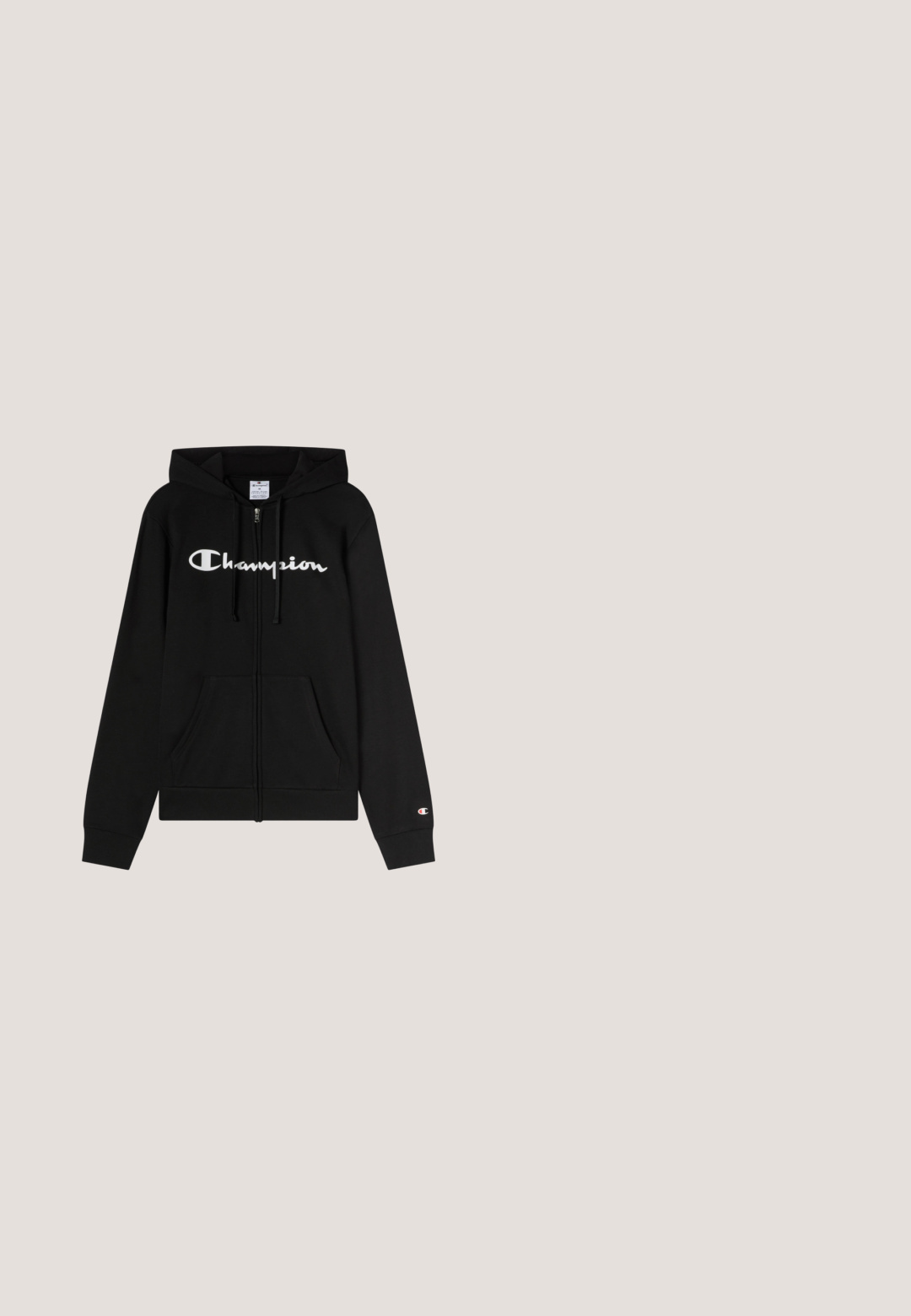 Schwarzer Kapuzenpullover mit Reißverschluss aus Sweatstoff, mit einer Fronttasche, Kapuze mit Kordelzug und einem weißen "Champion"-Logo auf der Brust.; Schwarze gesteppte ärmellose Weste mit Frontreißverschluss und seitlichen Reißverschlusstaschen, mit einem kleinen Logo-Patch unten rechts.; Lila ärmelloses T-Shirt aus Baumwolle, mit dem Aufdruck "CHAMPION XXL TRAINING ACADEMY" in kontrastierendem Weiß auf der Vorderseite.; Schwarze Shorts aus leichtem Material mit einem elastischen Bund, zwei seitlichen Taschen und einem kleinen Logo auf der unteren rechten Seite.; Dunkelgraue Sportschuhe aus Mesh und synthetischem Material mit einer weißen Gummisohle, ausgestattet mit einer runden Spitze und Schnürdesign.; Schwarze Bauchtasche aus strapazierfähigem Nylon mit einem großen Hauptreißverschlussfach und einer Vordertasche. Mit einem Logopatch und verstellbarem Gürtel.