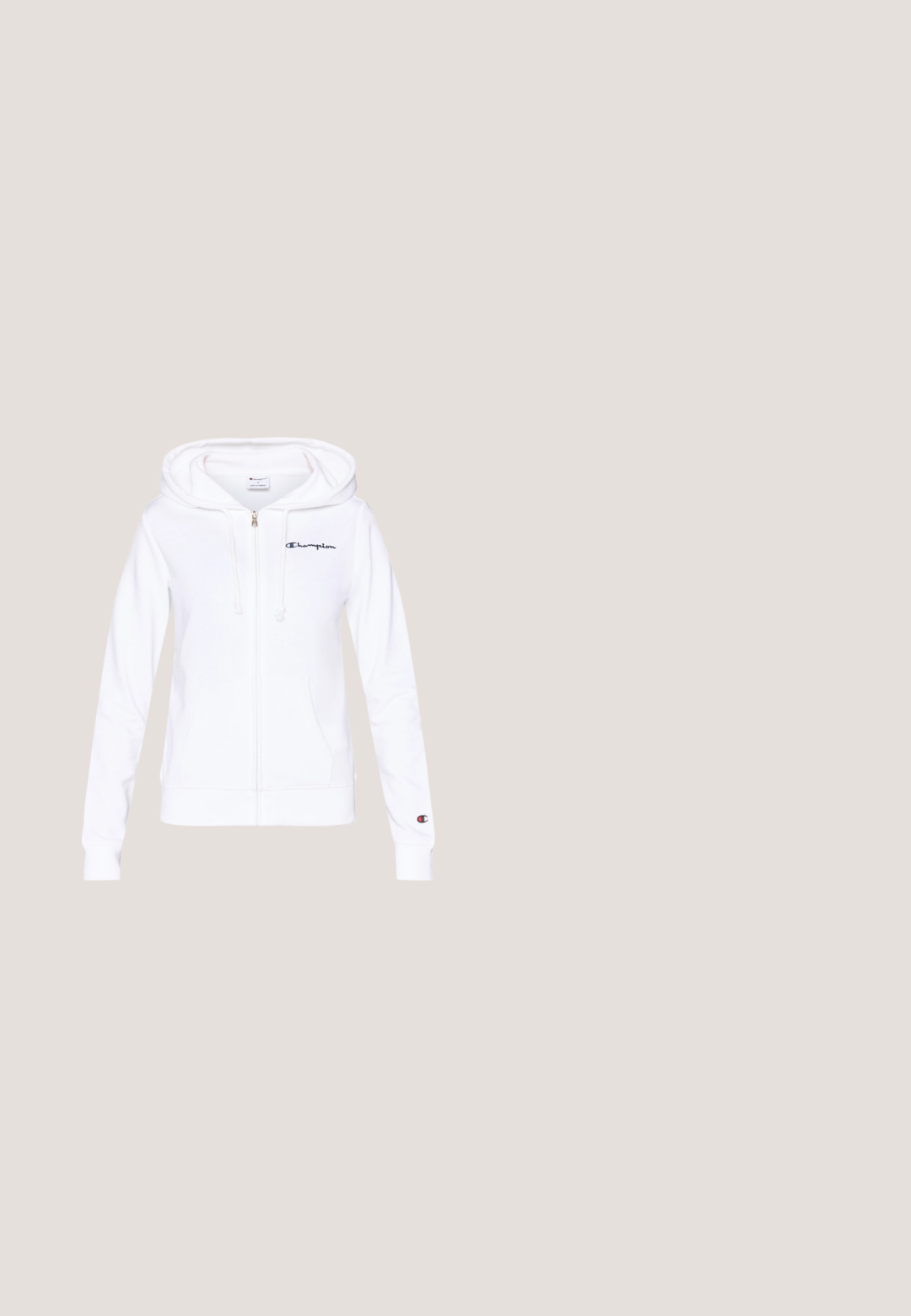 Witte hoodie met ritssluiting, gemaakt van zacht materiaal, met een voorzak, trekkoord in de capuchon en een marineblauw Champion-logo op de linkerborst.; Wit katoenen T-shirt met een ronde hals, korte mouwen en een klein logo op de linkerborst. Soepele textuur, standaard pasvorm.; Navy blauwe sweatpants gemaakt van een katoenen mengsel, met een trekkoord in de taille, ribgebreide boorden en een klein logo op de heup.; Witte ademende gebreide sportschoen met een dikke ondersteunende zool en een trekbandje bij de hiel, ontworpen voor casual of sportief gebruik.; Marineblauwe stoffen pouch met een gouden logo, met twee rood-witte strepen die verticaal langs het midden lopen, en een ritssluiting.; Zilveren oorbellen van sterling zilver met een gedraaide vorm, met gladde en glanzende oppervlakken. Geen zichtbare patronen of accenten.
