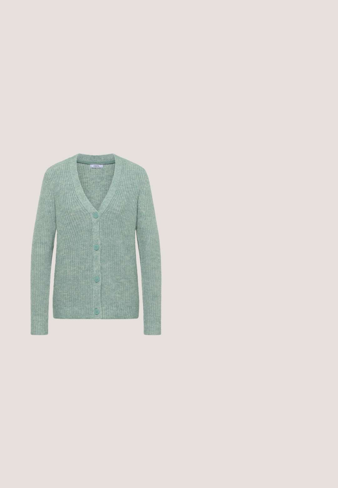 Cardigan de punto verde claro, con escote en V, mangas largas y cinco botones en la parte delantera. Tela texturizada con acentos de canalé.; Top de color verde menta, de manga tres cuartos, hecho de una tela suave, con un corte relajado y escote redondo, que presenta un dobladillo curvado y una textura lisa.; Pantalones recortados en verde claro con una textura suave, que presentan un dobladillo enrollado y pliegues en la parte frontal, diseñados para la comodidad y el uso informal.; Zapatillas hechas de cuero beige claro y gamuza verde. Presentan una suela de goma beige texturizada y cordones verde claro. Diseño minimalista.; Bolso de hombro rectangular verde claro con correa ajustable, cierre de cremallera y logo "Kapten & Son" en el centro delantero.; Pulsera de cordón verde menta con un diseño de corazón entrelazado en plata, con una superficie texturizada y pequeños acentos plateados.