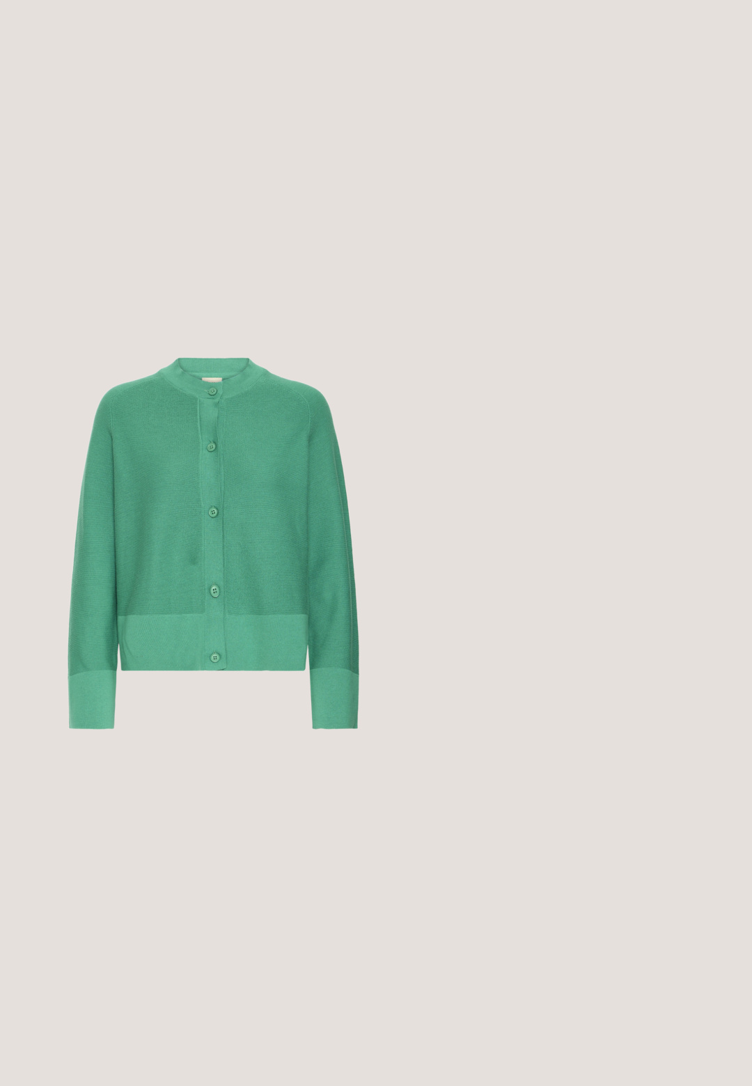 Grüne Strickjacke aus weichem Strickmaterial, mit einem runden Ausschnitt, vorderer Knopfverschluss und gerippten Bündchen und Saum.; Grün-weiß gestreiftes T-Shirt mit kurzen Ärmeln, rundem Ausschnitt und geschwungenem Saum. Der Stoff wirkt weich und leicht.; Grüne Jogginghose aus weichem Stoff, mit elastischem Bund, Kordelzugverschluss und zwei Seitentaschen im Slim-Fit-Design.; Weiße Leder-Sneaker mit hellgrünen Wildlederelementen, runder Zehenform, flachen Schnürsenkeln und Gummisohle. Auf der Seite mit gesticktem Logo.; Perlenhandtasche mit grünem Acrylkörper, ausgestattet mit einem perlenähnlichen Griff und weißen Perlenakzenten. Runde Form mit strukturierter Oberfläche.; Grüne und goldene Wandhaken mit einer glatten, glänzenden Oberfläche. Besitzt ein geschwungenes Design und eine transparente Rückseite zur Befestigung.