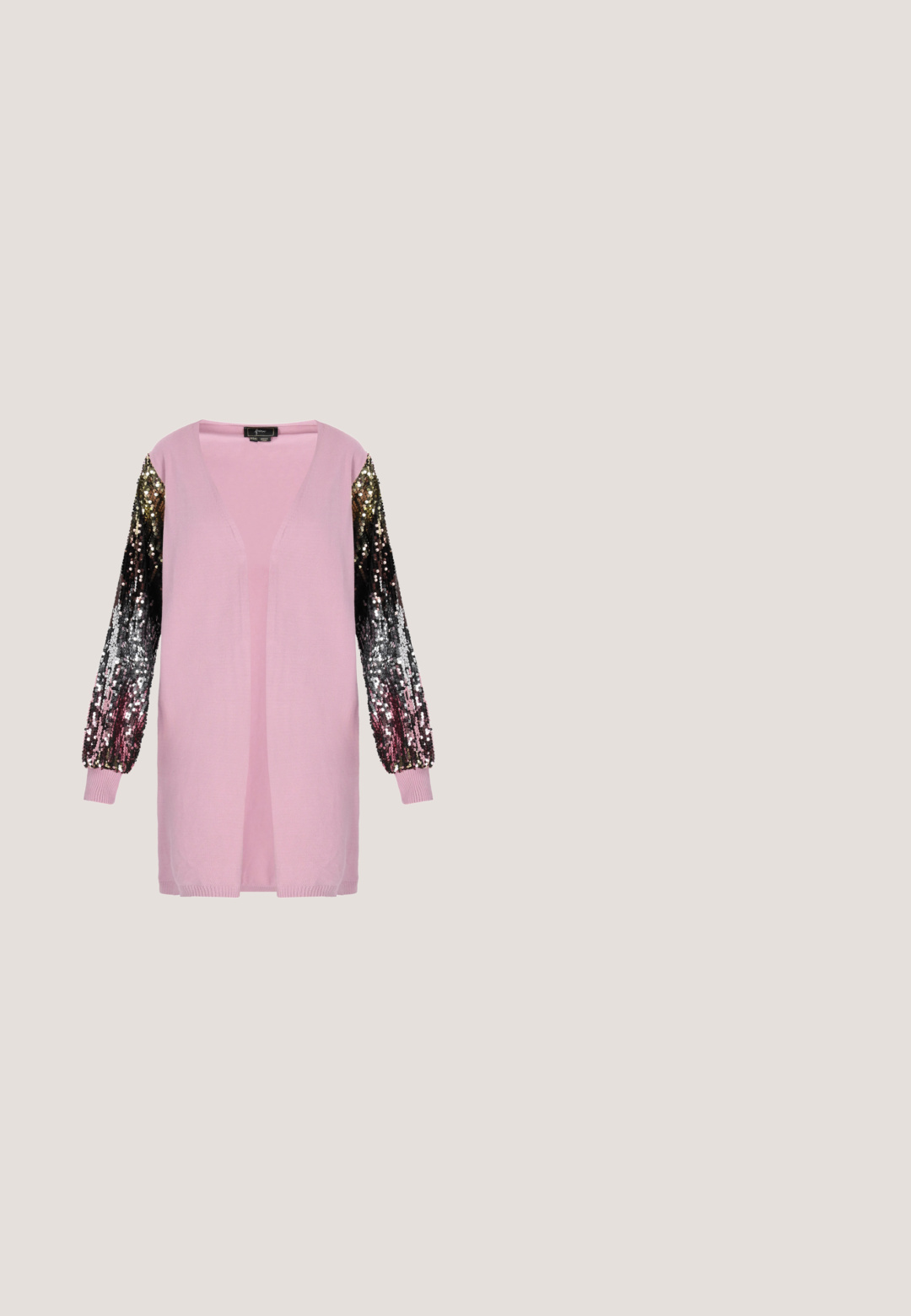 Lyserød cardigan med en dyb V-hals og åben front. Lange ærmer prydes af et gradient af pailetter i sorte, sølvfarvede og gyldne nuancer.; Kortærmet cropped trøje i klar pink med et pailletmønster på forsiden, med en ribbfrakke ved halsen og kanten.; Sorte, paljetterede bukser med bred benvidde og en struktureret overflade, der har lodrette striber og en afslappet pasform, hvilket giver et glimrende udseende.; Lyserød hælsandal med en klar plastikrem, åben tå-design og en slank blokhæl, med en spænde ankelrem.; Pailletteret håndtaske i rektangulær form med rosa og mørkerosa skalaer. Sølv kædeste, skinnende tekstur og ingen yderligere mønstre.; LIU JO TENNIS BRACELET ESSENTIAL - Armbånd - silver-coloured/pink