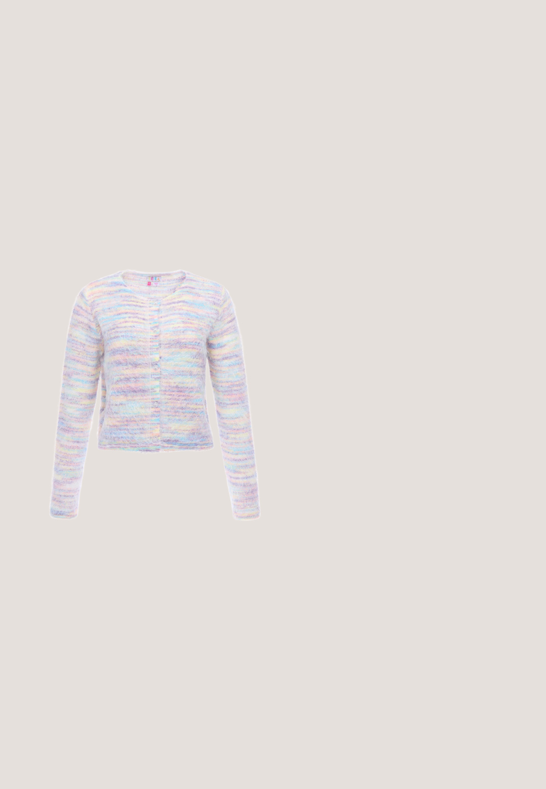 Fluffy cardigan met lange mouwen met pastelkleurige horizontale strepen in blauw, paars, geel en roze, met een ronde halslijn en knoopsluiting.; Lichtblauwe maxi-jurk met spaghettibandjes, geplooide taille en een gladde, zachte textuur. Bevat decoratieve hardware-accenten op de bandjes.; Loeffler Randall DAHLIA BOW LOW HEEL - Sandalen - blue; Ronde lichtblauwe tas met blauw-witte bloemen, vastgebonden met een blauw lint, gouden kettinghengsel en een rand met gegolfde details.; Roze gebreide handschoenen met vijf vingers, geribbelde manchetten en een zachte textuur. Ontworpen voor warmte en comfort.; Lichtblauwe stofkraag met witte stippen, ruches en een strik aan de voorkant, ontworpen als een decoratief neksieraad.