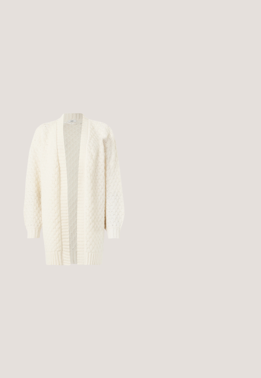 Gilet en tricot couleur crème avec une ouverture à l'avant, des manches longues, des poignets et un ourlet côtelés, présentant un motif texturé sur l'ensemble.; Robe beige à broderies florales avec bretelles volantées, présentant un corsage ajusté et une jupe fluide, ornée de paillettes colorées et d'accents.; Chaussure plate en cuir verni marron avec un bout pointu, un détail de nœud élastiqué et une accent en boucle en argent sur le côté. Semelle en caoutchouc noir.; Écharpe à carreaux brun et bordeaux avec une texture douce, finie par des franges aux extrémités et une petite étiquette blanche affichant le nom de la marque.; Sac à main rond en paille tissée avec une anse en corde et "ALEMAIS" brodé sur le côté en fil marron.; Loeffler Randall BELLAMY OVERSIZE HEADBAND - Accessoires cheveux - cream