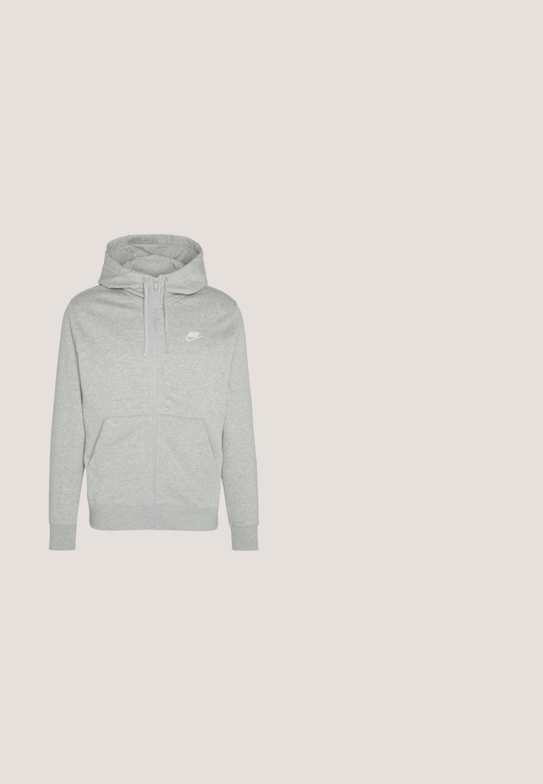 Harmaa vetoketjuhuppu, joka on valmistettu pehmeästä kankaasta. Ominaisuuksiin kuuluu etutasku, nauhalla säädettävä huppu ja pieni valkoinen Nike-logo rinnassa.; Pitkähihaista urheilu tietävhartia mustasta ja vihreästä verkko kankaasta, jossa on gradienttimuotoilu, DC-logo ja erottuvat siniset yksityiskohdat.; Mustat puuvillahousut, joissa on elastinen vyötärö ja säädettävä nyöri. Alalegessä on valkoinen logo. Pehmeä rakenne, polvipituiset.; Valkoinen Nike Air Force 1 -tennari, jossa punainen Swoosh-logo, kelluu betonireunan ja portaiden yllä taustalla.; Musta crossbody-laukku säädettävällä hihnalla, etutaskulla vetoketjulla, hopeisilla metalliosilla ja kolmiomaisella Guess-logolla teksturoidussa materiaalissa.; Hopeaketju, jossa on yhteenliittyviä renkaita, jotka ovat sileät ja kiillotetut, sekä turvallinen lukitus.