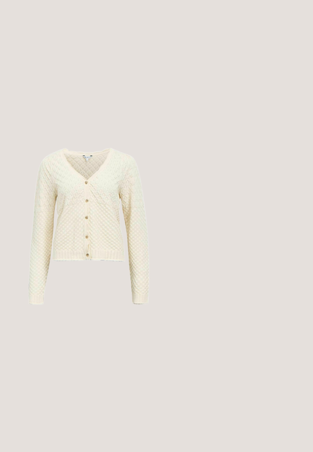 Strikcardigan i cremefarve med diamantmønster, V-hals, lange ærmer og fem knapper foran.; Lyseblå satin kjole med spaghetti-stropper, en V-udskæring og en dekorativ blomsterdetalje på skulderen. Glat tekstur og tætsiddende form.; Sorte læder ballet flats med en rund tå, en lille knude detalje og et elastisk bånd over vristen for en sikker pasform. Flad sål.; Brun vævet håndtaske med indbygget håndtag, dekoreret med syv koralpink og gule blomster-appliceringer på forsiden.; Lyseblåt polkaprikstofkrave med flæser og en bundet sløjfe foran, designet som et dekorativt halsaccessory.; Brun flettet læderbælte med en gylden rektangulær spænde og en læderløkke på hvid baggrund.