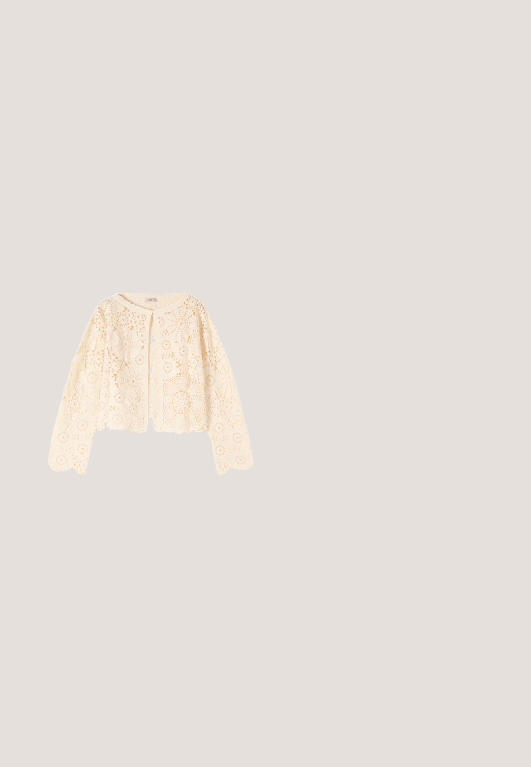 Cardigan en crochet crème à manches longues, motifs floraux, encolure ronde et bords festonnés, présenté sur fond blanc.; Robe florale brodée en crème, avec un décolleté en V, des manches courtes bouffantes, et une silhouette fluide agrémentée d'accents roses et verts.; Bottines en suede marron avec un bout pointu, des coutures détaillées et un petit talon empilé. Élastique sur le côté pour un enfilage facile.; IZIA Sac à main - brown; Collier en ton doré avec une chaîne torsadée et un pendentif rond texturé, agrémenté d'une petite perle. Un design simple et élégant.; Ceinture tressée en cuir marron avec une boucle en métal argenté, finition texturée et design tressé. Accentuée d'une boucle en cuir avec logo.