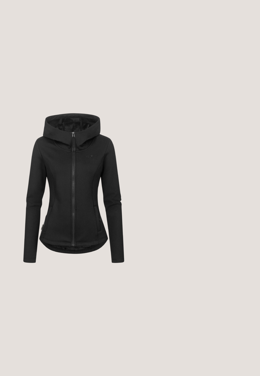 Sort zip-up jakke med en tætsiddende design, hætte, sidelommer og diskret logo detalje på brystet. Lavet af glat, strækbart stof.; Grå T-shirt med korte ærmer og rund hals, vist på en ensfarvet hvid baggrund.; Sorte højtaljerede leggings, lavet af strækbart stof, med en glat tekstur og en tætsiddende design uden synlige sømme eller mønstre.; Sort strikket sneaker med hvid polstret sål og gennemsigtig luftboble i hælen, slip-on stil med løkke og integrerede snørebånd.; Sort nylon skuldertaske med justerbar strop, buet top, lynlåslomme foran og præget logo-detalje. Glat tekstur og minimalistisk design.; Sølvarmbånd med en delfinformet vedhæng, der har to teksturerede snorstrenge og en hummerlås til sikker lukning.