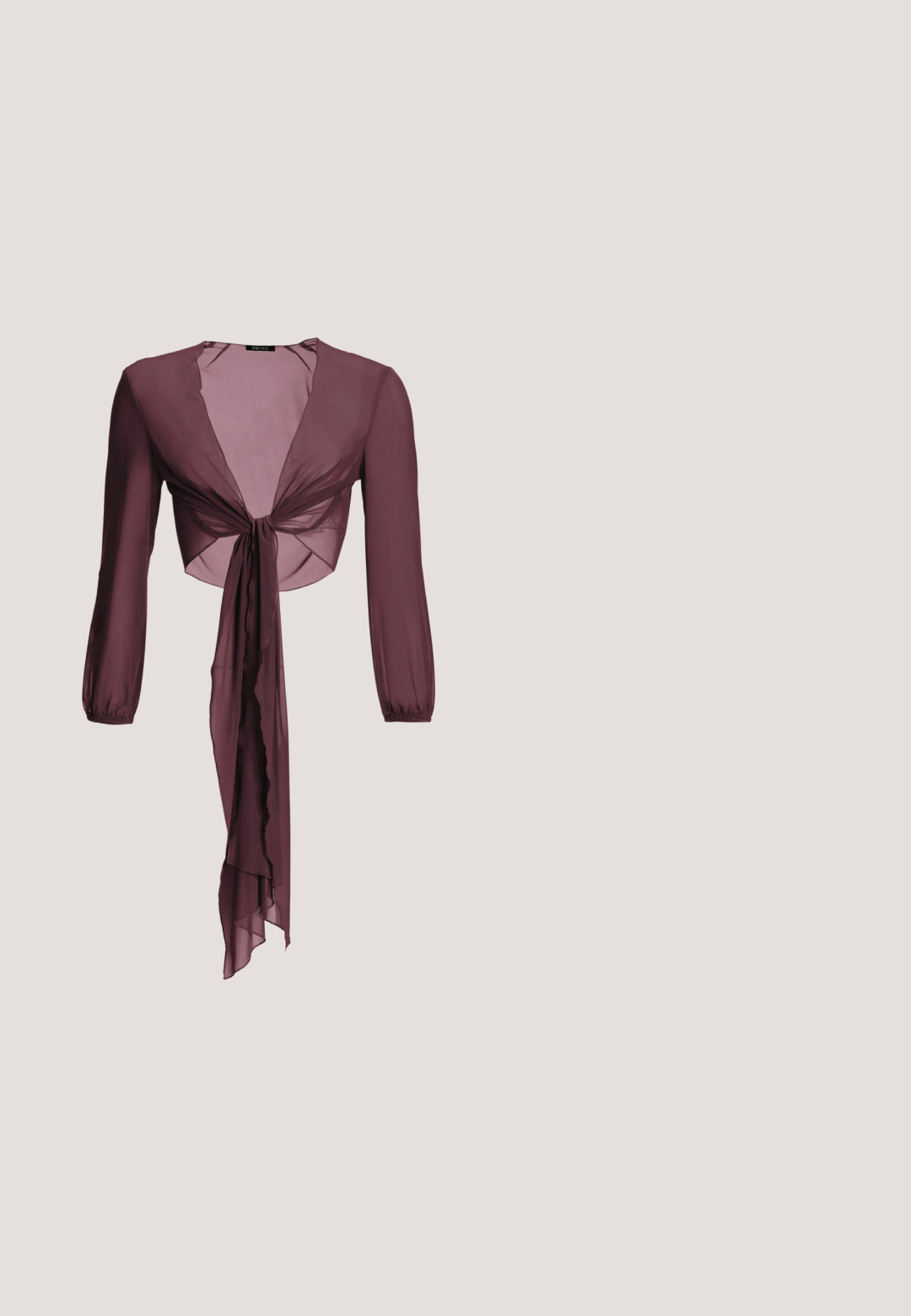 Top corto transparente color ciruela con mangas largas y un nudo delantero que se extiende en largos extremos fluidos.; Vestido blazer negro con mangas largas, cintura ajustada y cinturón anudado. Presenta un cuello con muesca y tela lisa y estructurada.; Zapatos de tacón negro de cuero con tiras traseras, puntera afilada, correas delgadas en el tobillo, detalles en hardware dorado y un tacón delgado. Textura suave y diseño minimalista.; Gafas de sol cuadradas negras de gran tamaño con lentes oscuras degradadas y patillas finas beige sobre fondo claro.; Bolso de mano de cuero negro con dos asas alargadas, cierre de cremallera y forma redondeada; textura suave con un acabado ligeramente brillante.; Delicado cinturón de cadena de oro con pequeñas flores enlazadas y una cadena de extensión ajustable sobre un fondo blanco liso.