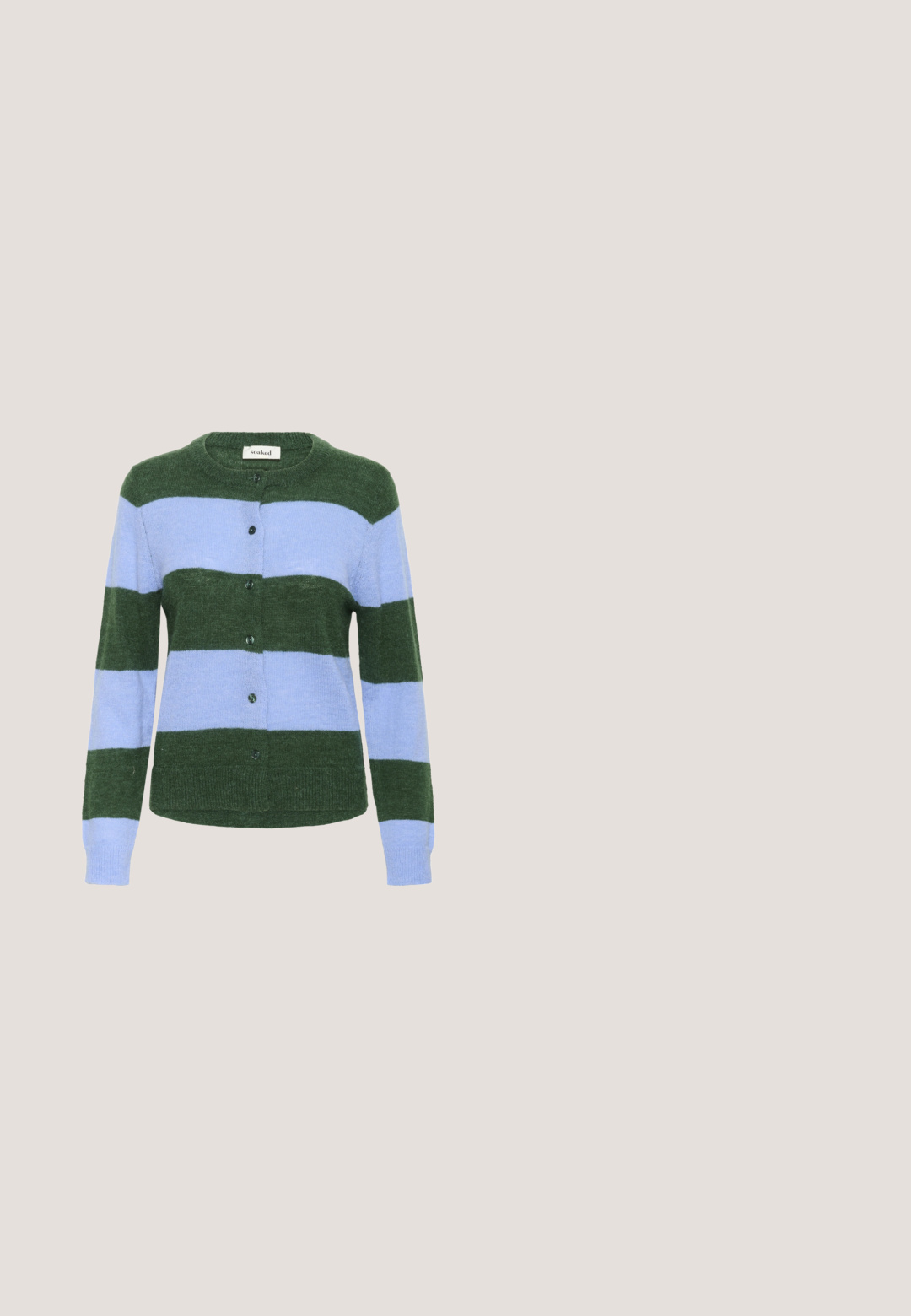 Grøn og lyseblå stribet cardigan med rund hals og knaplukning. Strikket tekstur med en afslappet pasform og lange ærmer.; Lyseblå T-shirt med korte ærmer og rund hals, med lige sømkant og et lille mærke inde ved halsen.; Lyseblå højtaljede denimjeans med vide ben, for- og baglommer, knap, lynlåslukning og metalstjerne-nitter langs ydersømmene.; adidas Originals GAZELLE BOLD - Sneakers - mauve/off white; Lyseblå læderhåndtaske med to sidelommer, et top håndtag, aftagelig skulderrem og en lille hængende mærkat foran.; Guld creoløreringe med en rund form, prydet med pink sten og en struktureret overflade, sikret med en stift og lukning bagpå.