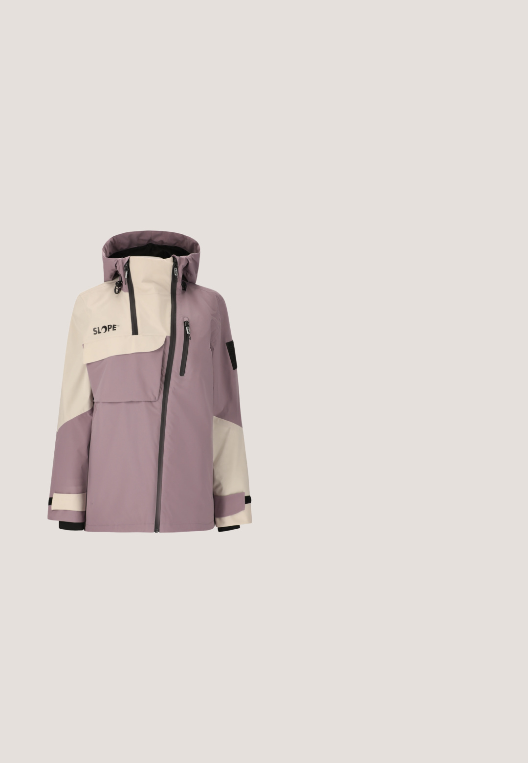 Veste imperméable violette et crème avec une capuche, des poches zippées, une poche poitrine et des poignets ajustables. Le design comprend un bloc de couleurs.; Pull en polaire gris avec un col zippé quart, des manches longues, une texture douce et des coutures minimales. Convient pour un usage décontracté ou pour le superposition.; Pull noir à manches longues avec un col zippé quart, présentant des coutures plates et une texture légère et lisse.; Pantalons de neige noirs avec bretelles ajustables, poches zippées, genoux renforcés, design à jambes droites et texture lisse et imperméable.; Nelson Bottes de neige - zwart; Sac d'épaule en fausse fourrure crème avec une forme courbée, une bandoulière réglable et un patch logo noir "PRO TEST" sur le devant. Surface douce et texturée.