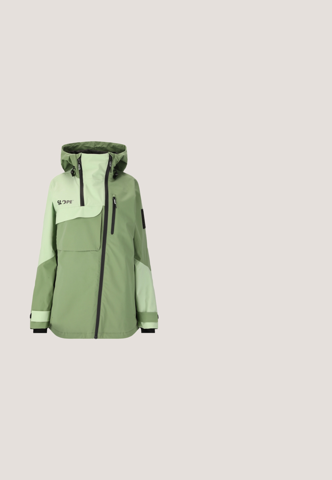 Grüne wasserdichte Jacke mit einem zweifarbigen Design, ausgestattet mit einer Fronttasche, hohem Kragen, verstellbaren Manschetten und kontrastierenden schwarzen Reißverschlüssen.; Gepolsterter Skianzug mit abstraktem Muster in Schwarz und Grau, ausgestattet mit einer Kapuze mit Fellbesatz, Reißverschlusstaschen und tailliertem Schnitt mit Gürtel.; Dunkelgrüner Fleece-Pullover mit einem Viertel-Reißverschluss-Kragen. Lange Ärmel, glatte Textur und eine lässige Passform. Keine sichtbaren Muster oder Akzente.; Gepolsterter Knöchelstiefel in Dunkelgrau mit strukturierter Oberfläche, ausgestattet mit Schnürverschluss und "THE NORTH FACE"-Logo an der Seite. Gummisohle mit Traktion.; Schwarze Kunststoffsonnenbrille mit elegantem, geschwungenem Design und dunklen polarisierten Gläsern. Verfügt über glatte Kanten und keine sichtbaren Hardwaredetails.; Mintgrüne Handschuhe mit gemusterter Oberseite und schwarzem Handflächenbereich; verfügen über einen Handgelenkriemen und einen elastischen Bund für einen sicheren Sitz. Strukturierte Griffgestaltung.