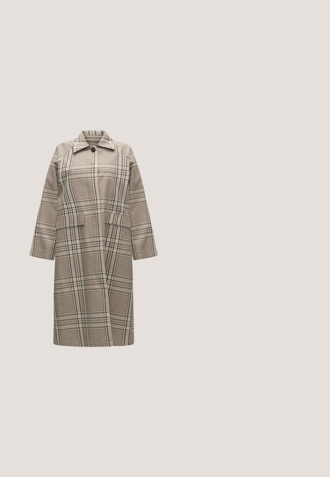 Lang beige ternet frakke med stor krave, enkelt mørkt knap, lange ærmer og to forlommer med klap.; Beige ribstrikket cardigan med V-hals, lange ærmer og fem knapper foran.; Hvid langærmet skjorte med rund halsudskæring, vist på en ensfarvet lys baggrund.; Lys grønne bomuldsbukser med lige pasform, der har frontlommer, en knaplukning og diskrete syninger.; Brune balletflade sko i stof med spids tå og glat tekstur, med lav hælkappe og tynd sort sål. Ingen synlige mønstre eller beslag.; Mørkegrøn tekstureret læderhåndtaske med topgreb, en forrem med en rund sølvknap og en aftagelig skulderrem.