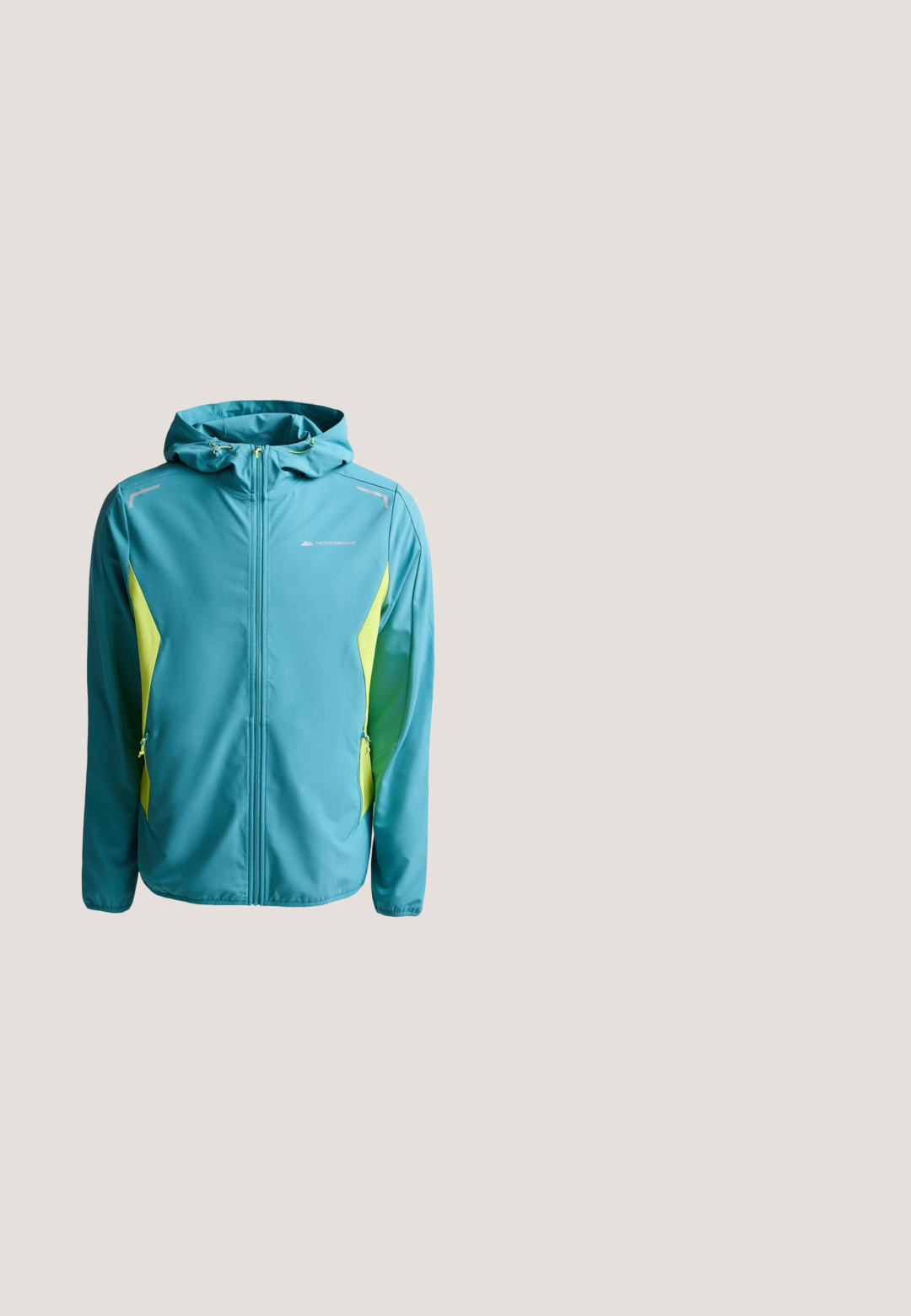 Μπουφάν softshell σε τιρκουάζ χρώμα με κουκούλα, εμπρόσθιο φερμουάρ, πλευρικές τσέπες με φερμουάρ και κίτρινες πλευρικές επιφάνειες, με το λογότυπο Monterrain στο στήθος.; Φωτεινή νέον πράσινη αμάνικη μπλούζα τρεξίματος Nike με αντανακλαστικό λογότυπο swoosh στο αριστερό στήθος πάνω σε λευκό φόντο.; Ανοιχτό μπλε αθλητικό σορτσάκι με μαύρη ζώνη στη μέση και μαύρα λογότυπα Nike Swoosh και στις δύο πλευρές, σε απλό φόντο.; Αθλητικό παπούτσι νέον πράσινο και μπλε με μαύρο σχήμα Swoosh, στον αέρα πάνω από διάβαση πεζών σε δρόμο με άσφαλτο.; Κίτρινα διαφανή ορθογώνια γυαλιά ηλίου με σκουρούς φακούς και πράσινες και μπλε άκρες σε λευκή επιφάνεια.; Μαύρη νάιλον ζώνη με υφή, που διαθέτει μαύρη μεταλλική αγκράφα και χρυσές λεπτομέρειες. Ρυθμιζόμενο μήκος με επωνυμία στη ζώνη.