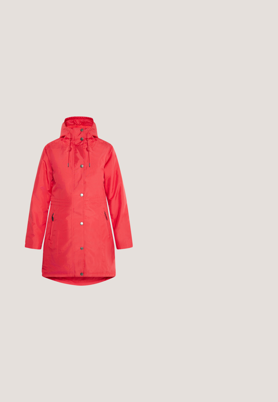 Rote wasserdichte Jacke mit Kapuze, Druckknöpfen, verstellbarem Kordelzug und seitlichen Reißverschlusstaschen. Glatte Textur und knielanges Design.; Roter Strickpullover mit rundem Ausschnitt, überschnittenen Schultern und geripptem Saum. Verfügt über ein strukturiertes, grob gestricktes Muster überall.; Rotes kurzärmliges T-Shirt aus weicher Baumwolle. Mit rundem Ausschnitt und aufgerollten Ärmeln, locker geschnitten für mehr Komfort.; Schwarze hochtaillierte gerade Jeans mit Metallknopf, Vordertaschen und kleinen silbernen Nieten entlang der äußeren Seitennähte.; Schwarze Lederstiefel mit Kunstfellbesatz, runder Zehenform, Schnürdesign, strukturiertem Obermaterial und strapazierfähiger Gummisohle mit Grip-Mustern.; Schwarze Leder-Tote-Bag mit zwei oberen Griffen, verstellbarem Schultergurt, Reißverschlussfach und Quasten-Detail. Glatte Textur, minimalistisches Design.