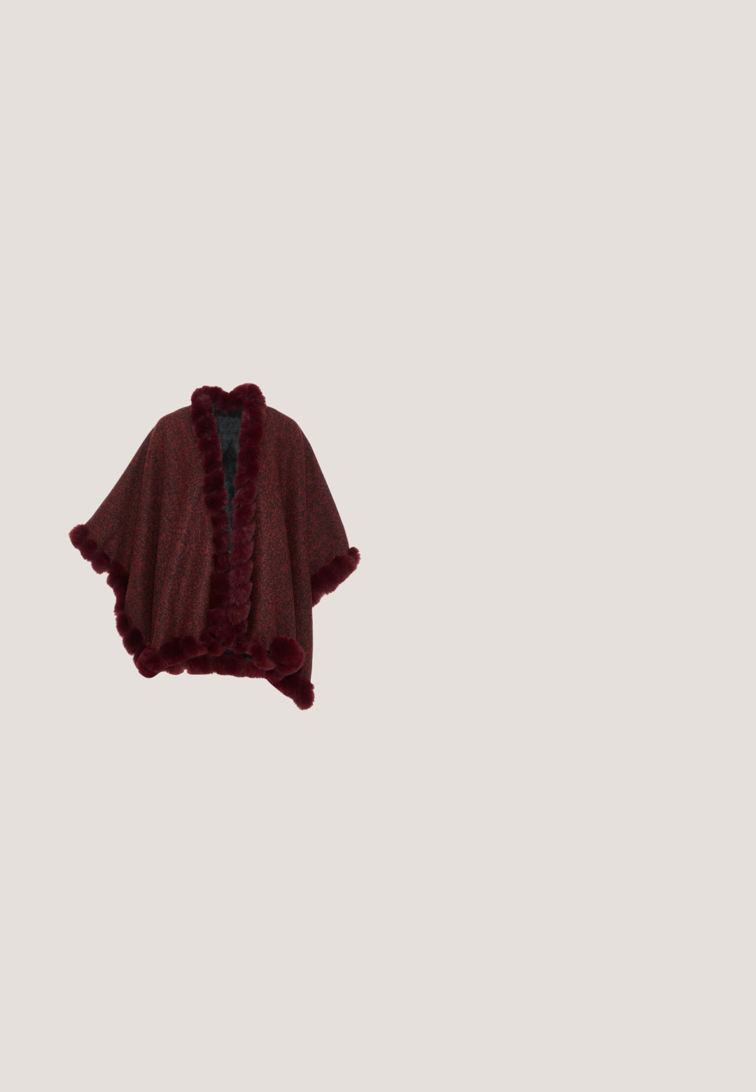 Bordeaux-textuur wikkel met faux fur afwerking. Open ontwerp, wijde mouwen en een zachte voering, met een subtiel geweven patroon overal.; Bordeaux doorschijnende top met een hoge hals, gelaagd geplooid ontwerp en uitlopende mouwen met gerimpelde accenten. Gestructureerde stof.; Bordeaux leren shorts met hoge taille, knoop- en ritsluiting aan de voorkant, knielengte, getailleerd design en subtiele naaddetails.; Bordeaux lakleren hoge hakken met een spitse neus, voorzien van kruislings straps, kleine versieringen en een stilettohak.; Bordeauxrode leren handtas met een gladde, glanzende textuur, voorzien van een gouden kettingriem en een klep met zichtbaar logo.; Donkerrode satijnen scrunchie met geplooide plooien en een klein ingenaaid label met de merknaam lesilque.