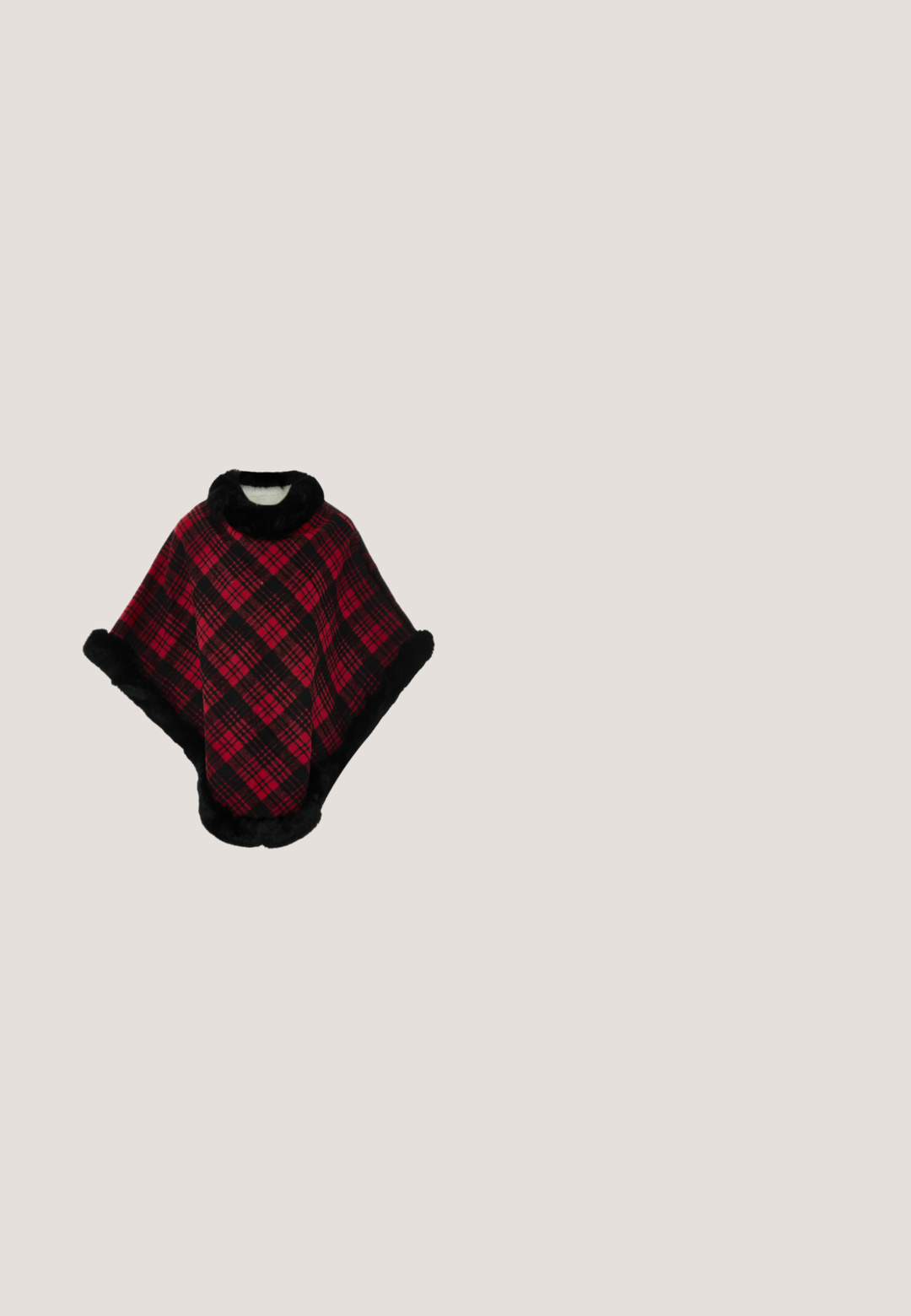 Rød og sort ternet poncho med en blød sort faux fur hals og kant. Har et kappe-lignende design, der giver varme og dækning.; Rød, ærmeløs top med ribbet tekstur. Har en buet søm, en rund halsudskæring og hvid tekst "RACING" på forsiden.; Sort læder miniskørt med en omslag-design, der har en glat tekstur, en skjult lynlås i ryggen og pæne kantsting.; Rød og hvid lav sneakers med gummisål, hvide snørebånd, ruskind og læder mix, med "KARL LAGERFELD" branding på siden og hælen.; Rød Harpikssmykke ring med afrundede, boble-lignende former og en glat, blank overflade. Designet inkluderer kugler i forskellige størrelser.; Lille rød stofhåndtaske med to håndtag øverst, lynlåslukning og påsat sølvfarvet nøgleringsclips på hvid baggrund.