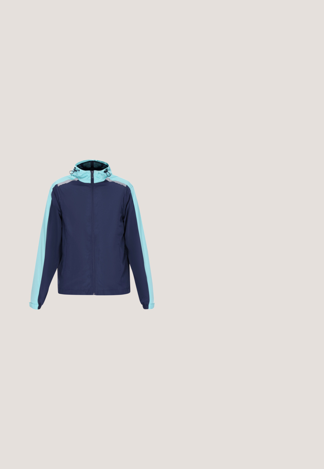 Veste coupe-vent bleu marine et bleu clair avec fermeture éclair à l'avant, capuche ajustable et poignets élastiques. Elle présente un design uni et est fabriquée en matériau léger.; Sweatshirt bleu marine à manches raglan blanches, avec un petit logo sur la poitrine et un détail de marque le long des manches. Tissu en mélange de coton.; Shorts de bain bleu marine avec une taille élastique et un cordon de serrage ajustable. Comprend deux poches zippées blanches et un logo sur la jambe gauche.; Baskets bleu marine à enfiler avec dessus en mesh, semelle blanche texturée, languette de traction au talon, et logo sur le côté et la languette.; Lunettes de soleil à monture noire avec verres miroir bleus et accents jaunes sur les branches et les plaquettes de nez, inclinées pour montrer les détails de face et de côté.; Sac bandoulière noir et blanc avec des accents turquoise, présentant un motif en grille texturé et un logo audacieux. Sangle réglable incluse.