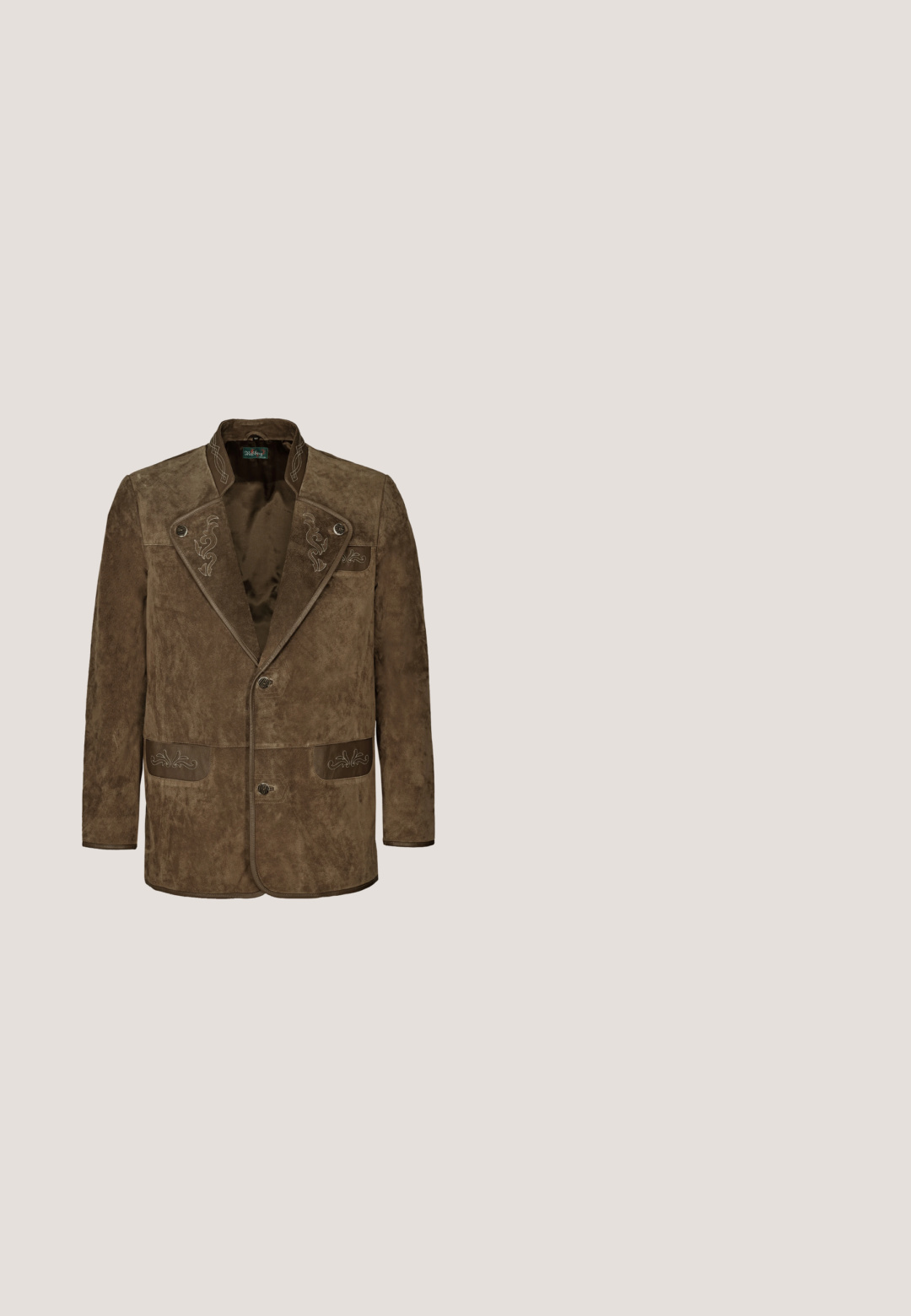Brun ruskindjakke med broderede detaljer på kraven og lommerne. Har et enkeltrækket design og to knapper.; Lyseblå, falmet denimskjorte med lange ærmer, krave, knaplukning foran og to brystlommer med knapklap.; Mørkeblå denim jeans med lige ben, frontlommer og en sidelomme. Har stiklinger i kontrastfarve og en knap i taljen.; Brune læder cowboystøvle med en høj skaft, spids tå, intrikate syning mønstre og en lille hæl. Struktureret finish hele vejen igennem.; Mørk paisley lommefold med indviklede burgunder- og grønne mønstre, kantet med en solid burgunder kant. Blød stofstruktur.; Grå læderbælte rullet op med en rektangulær metalspænde indgraveret med "PME Legend" og et svagt præget vinge-logo på remmen.