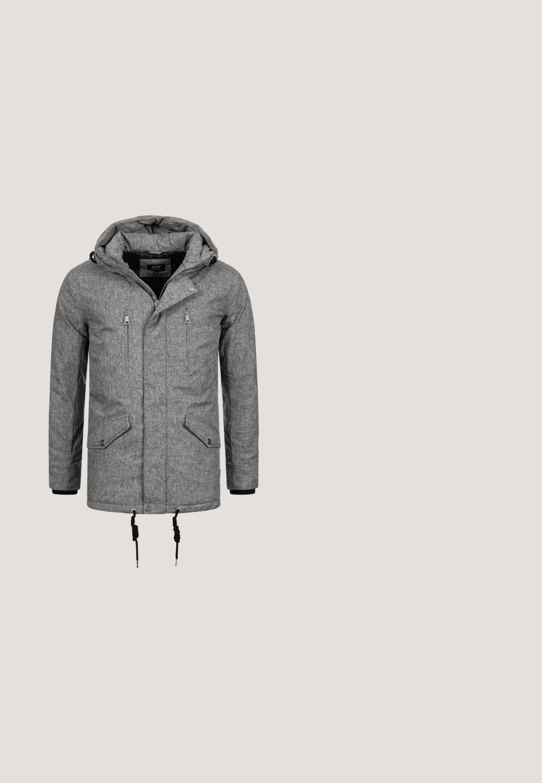 Jeff ANDERS - Parka - lt grey mix; Grauer Strickpullover mit einem Reißverschlusskragen, gerippten Bündchen und Saum. Mit einem Lederlogo-Patch an der unteren linken Seite.; Langärmliges graues Henley-Shirt mit strukturiertem Muster, fünf Knöpfen an der Vorderseite und einem weißen Kragenbesatz. Kleines Logo-Detail am Saum.; Antony Morato KURT COMFORT - Jeans Tapered Fit - blue denim; Rieker Schnürstiefelette - gris; WITTCHEN Notebooktasche - grey