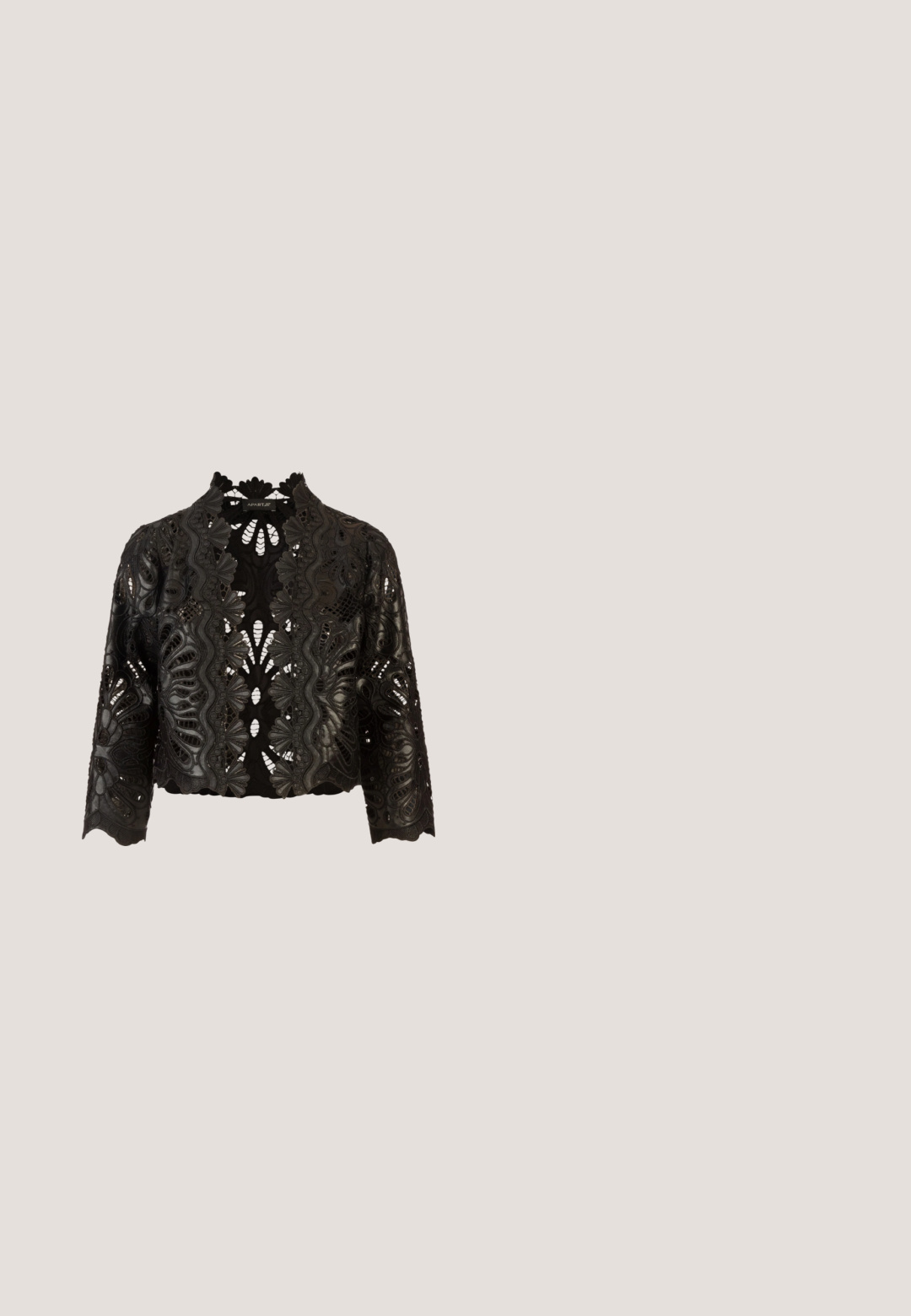 Schwarze cropped Jacke mit aufwändigen Spitzenverzierungen, floralen Mustern und hochgeschlossenem Kragen. Weiche Textur mit offenem Design.; Schwarzes Satin-Cami mit verstellbaren Trägern, verziert mit schwarzen Pailletten und einem Knopfdetail an der Vorderseite. Figurbetonter Schnitt mit weitem Saum.; Schwarze weit geschnittene Hose aus transparentem Stoff, mit einem elastischen Bund und einem Kordelzug für eine verstellbare Passform und einer glatten Textur.; Desa Pumps - black; Schwarze Perlenhandtasche mit strukturierter Form, abgerundetem Boden und einem Tragegurt im ähnlichen Perlenmuster. Geometrische Musterdetails.; Schwarze glänzende Steincluster-Ohrringe mit mehreren unregelmäßigen Formen, die durch kleine Metallringe verbunden sind.