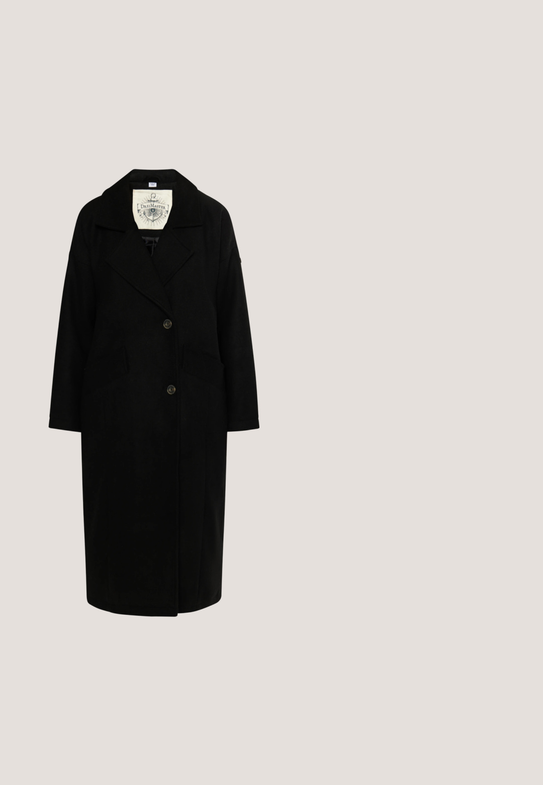 Lang sort enkeltbrystet frakke med brede revers, to knapper, sidelommer og en hvid label inde i kraven.; Sort turtleneck trøje lavet af blødt strikstof, der har lange ærmer og en afslappet pasform. Glat tekstur uden synlige mønstre eller accenter.; Reiss PETITE FIT - EDEN ELASTICATED WAIST WIDE - Bukser - navy; Sort læderankelstøvle med spids tå og en mellemhøj blokhælk. Glat tekstur og minimalistisk design. Ingen synligt hardware.; Sort læder crossbody taske med en rund form, der har en klaplukning og bløde, samlede detaljer. Justerbar rem for bekvemmelighed.; Halskæde i gyldent tone med en fin, tekstureret kæde og et rundt, fladt vedhæng. Låsen er standard og placeret bagpå.