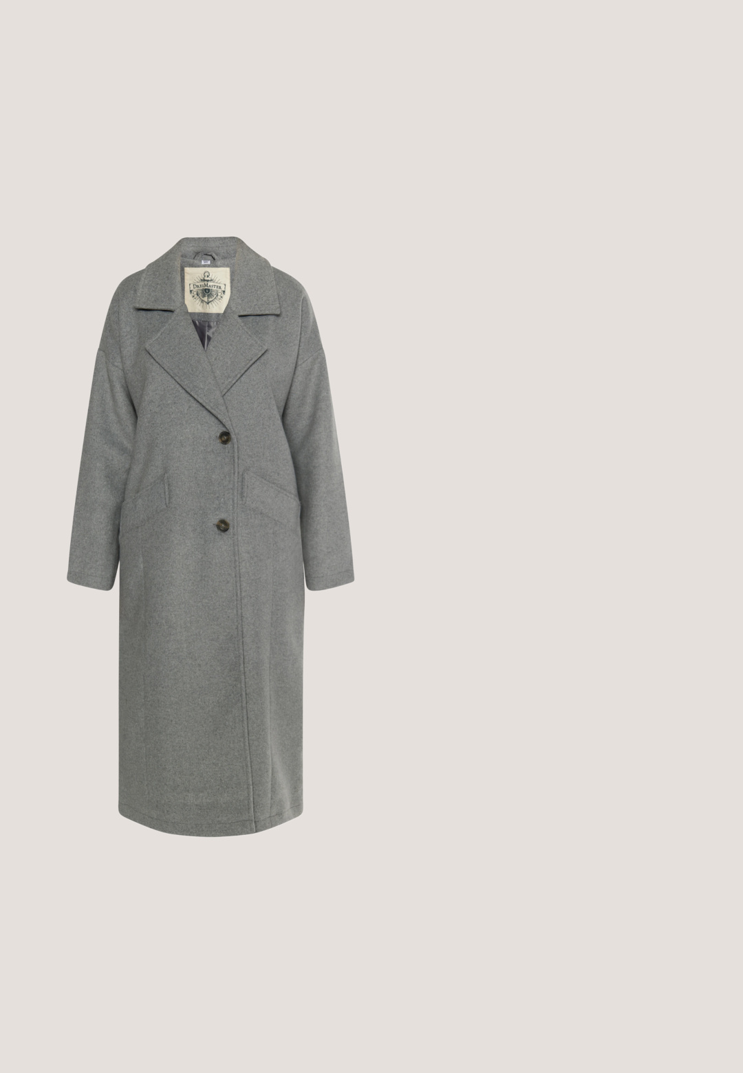 Lange grijze wollen jas met brede revers, twee voorste knopen, zijzakken en een zichtbaar binnenlabel.; Grijze, donzige cardigan met een staande kraag, voorzien van een knoopsluiting en lange mouwen. Gemaakt van zacht materiaal met een gestructureerde afwerking.; Grijze coltrui van zacht, rekbaar materiaal. Voorzien van lange mouwen en een aansluitend ontwerp, geschikt voor het combineren of alleen dragen.; Donkergrijze wijde broek van zacht stof, met een elastische tailleband en trekkoord, en twee zijzakken.; Grijze enkellaarsjes van suède, voorzien van een ronde neus, subtiele stikdetails en een dikke rubberen zool met een gestructureerde afwerking.; Grijze leren hobo tas met een gladde textuur, slouchy ontwerp en een brede, afgeronde schouderband voor comfortabel dragen.