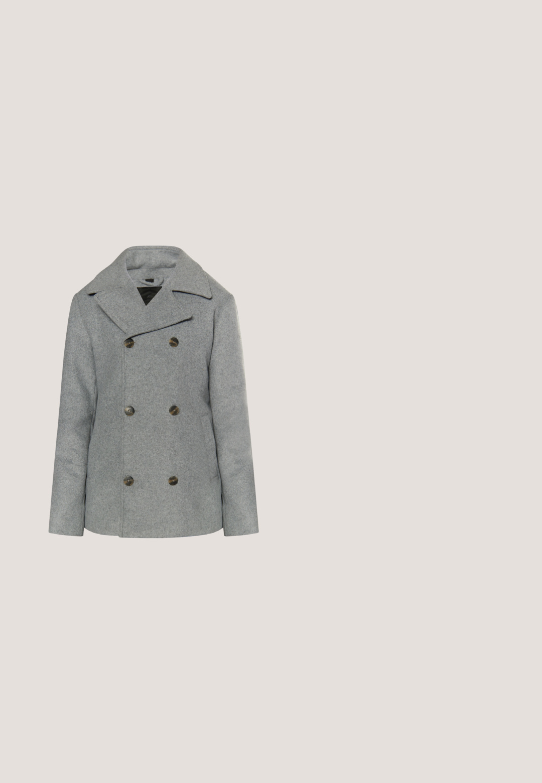 Grau melierter Wollmix-Peacoat mit doppelt gefütterter Vorderseite, geknöpftem Kragen, übergroßen Knöpfen und seitlichen Taschen. Weiche Textur, taillierter Schnitt.; Brauner Herrenpullover mit langen Ärmeln, gestrickt, mit gerippten Bündchen und Saum, mit kleinem V-förmigen Ausschnitt am gerippten Stehkragen.; Weißes Baumwoll-T-Shirt mit rundem Ausschnitt, kurzen Ärmeln und geradem Saum. Mit einem kleinen Logodetail in der unteren Ecke.; Hellgraue Denim-Jeans mit geradem Bein, klassischem Fünf-Taschen-Design und Knopfverschluss in der Taille.; Schwarze Stiefeletten aus Wildleder mit glatter Textur, rundem Zehenbereich und niedrigem Absatz, kombiniert mit maßgeschneiderten grauen Hosen mit einem dezenten Muster.; Dunkelbraune Lederaktentasche mit zwei Griffen, einem abnehmbaren Riemen und silberfarbenen Beschlägen. Glatte Textur mit strukturiertem rechteckigem Design.