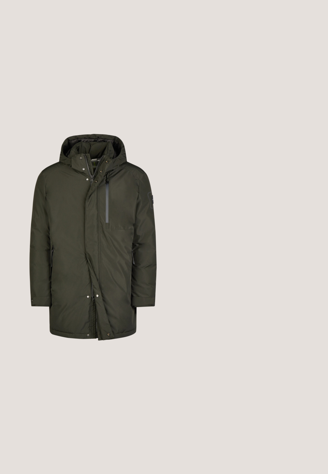 Oliven grøn isoleret parka med hætte, frontlynlås, trykknapper og flere lommer; glat stof med en mat finish.; Grå strikket bluse med lange ærmer med ribstrikkede manchetter og kant, med kort lynlåsåbenstående krave.; Lys grøn langærmet skjorte med knapfront, to brystlommer og sorte knapper. Fremstillet af tekstureret stof, med foldet krave og manchetter.; Mørkegrå denimbukser med lige snit, der har forlommer, diskrete stikninger og opfoldede manchetter ved kanten.; Australian Footwear CONLEY GEKLEED  - Snørestøvletter - black burgundy; Sort tekstureret læder crossbody taske med en lynlåslomme og justerbar stropp; har en forlomme og et mærketikette foran.