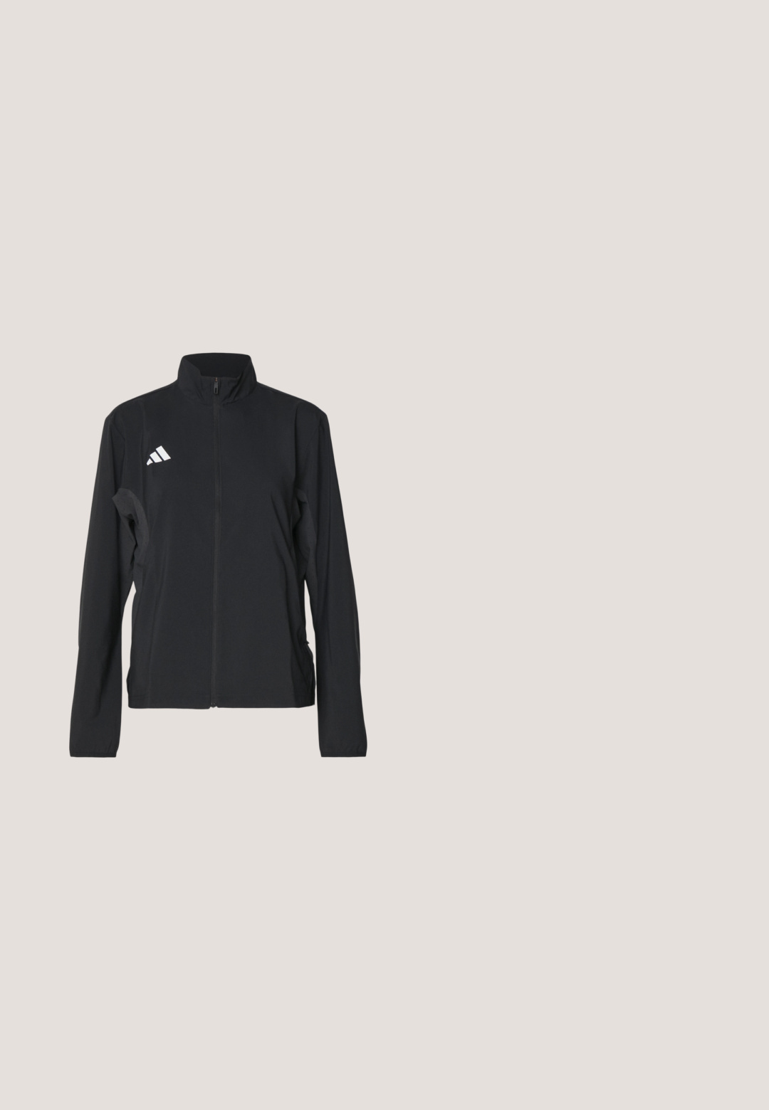 Sort atletisk jakke med lange ærmer, ståkrave, fuld frontlynlås og hvid Adidas-logo på venstre bryst. Glat, let stof.; Sort cropped hoodie med en frontkangaroo-lomme, justerbare snore og hvide tre-stribe accenter på ærmerne. Har logo.; Sort atletisk kjole med tætsiddende overdel, tynde stropper og udskåret nederdel. Har Adidas-logoet i hvidt øverst til venstre. Glat tekstur.; Lyse koral athletic sko med klare røde striber og snørebånd, der svæver over stenetrin i en udendørs omgivelser.; Tote taske med sorte og grønne håndtag, med et farverigt tropisk fuglemønster i rød, pink, grøn og sort samt en forlommes lynlås.; Sort gummirem ur med et guldfarvet urkasse, sort urskive med et forhøjet sort logo og sølvfarvede timenåle og minutnål, samt guld accenter.