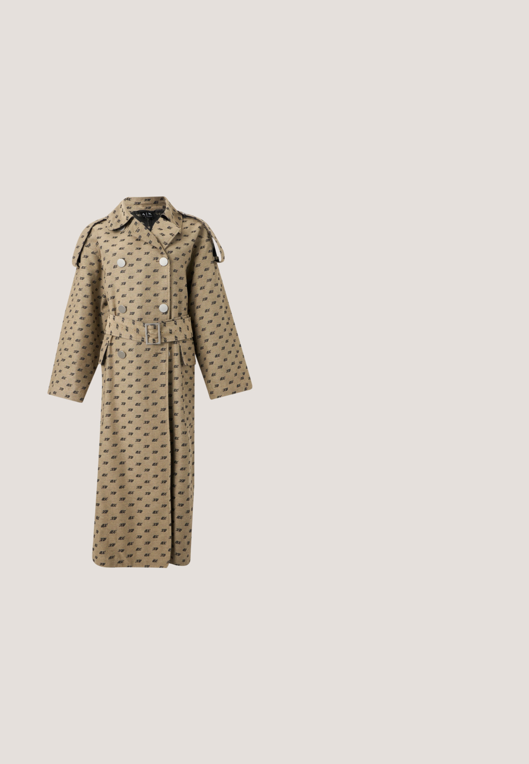Trench-coat long beige avec logo "hache" noir imprimé, boutons argentés croisés, taille ceinturée et épaulettes.; Pull en maille rose clair avec texte rouge "Rock n Roll" en police gothique sur la poitrine et les manches, avec poignets et ourlet côtelés.; Top sans manches bleu marine avec des formes abstraites en rouge, rose, vert et bleu clair, avec un col licou et une coupe ample.; Jupe longue forme trapèze marron avec taille élastique froncée et tissu léger légèrement froissé, présentée sur un fond uni.; Chaussure plate métallique argentée avec côtés élastiques froncés et nœud décoratif à l'avant, vue de profil sur fond gris.; Boucles d'oreilles créoles en or avec pendentifs en forme de pierres précieuses rectangulaires violet clair reposant sur une surface blanche.
