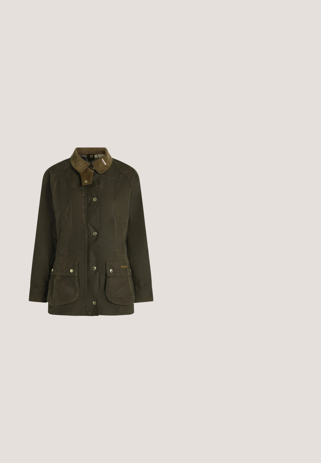 Veste en coton ciré vert foncé avec col en velours côtelé marron, boutons-pression et quatre poches avant, dont deux à rabats avec détail de marque.; Chemise blanche à manches longues avec col pointu, boutons sur le devant et ourlet légèrement incurvé.; Pantalons beiges ajustés avec une texture lisse, taille haute, deux boutons décoratifs et une poche arrière. Design à jambe droite.; Bottes noires montantes en cuir lisse et en daim, avec un talon bloc et une languette latérale pour un enfilage facile.; Gants en cuir marron avec des manchettes en tricot beige côtelé, présentant un détail à bouton-pression au poignet. Texture lisse et design ajusté à cinq doigts.; Ceinture en cuir marron foncé avec boucle rectangulaire dorée et petit logo doré "RL" près de la boucle sur un fond uni clair.
