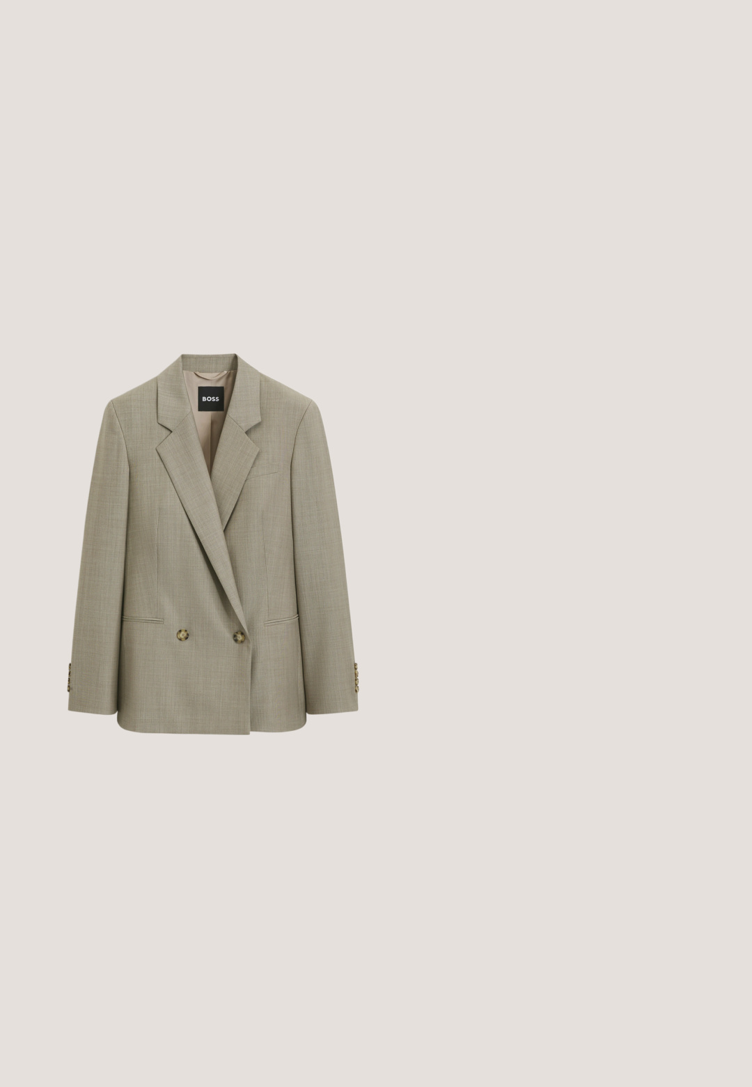 Beige skræddersyet dobbeltradet blazer med hakkede revers, to forreste knapper, klaplommer og BOSS-mærke inde i kraven.; Kremfarvet T-shirt med korte ærmer, rund halsudskæring og et enkelt, ensfarvet design mod en hvid baggrund.; Beige bukser med vide ben, bæltestropper, forlommer og presning ned langs midten af hvert ben.; Beige læderloafer med lavt træhæl og afrundet firkantet tå, sidevisning mod hvid baggrund.; Blød beige rektangulær læderclutch med lette folder og diskret mærkenavn præget i midten nederst.; Design Letters HALSKETTE MIT GROß INITIAL CHARM GOLD (A-Z) - Halskæder - gold coloured