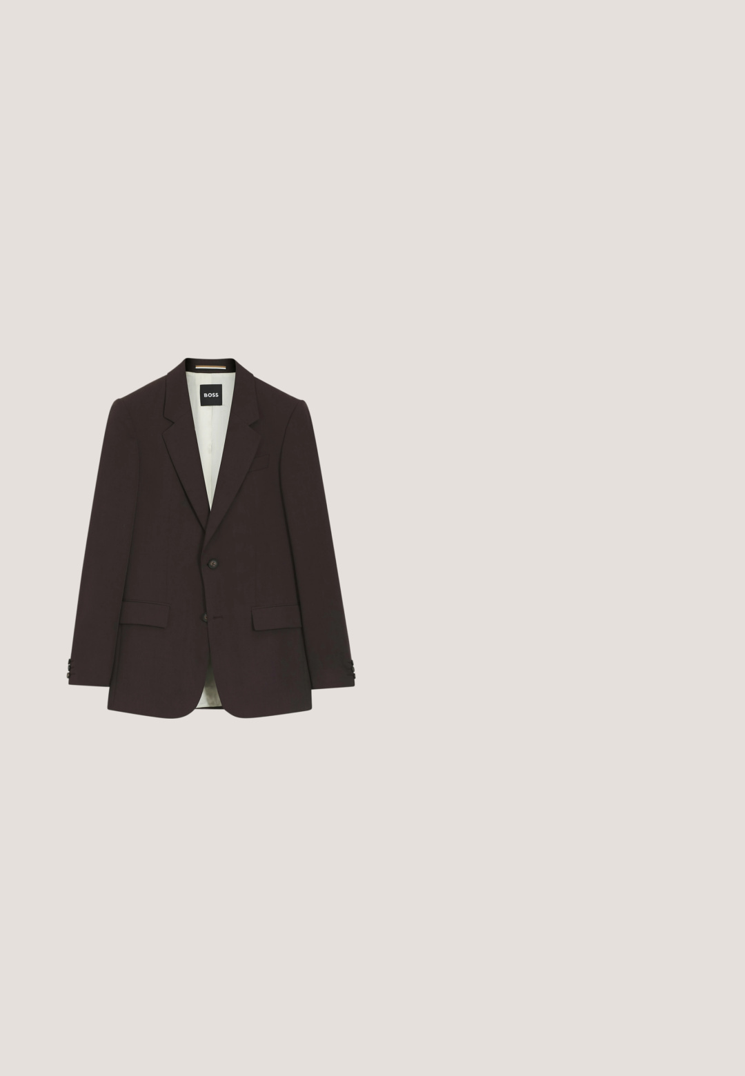Blazer marron foncé à simple boutonnage avec deux boutons, revers crantés, poches à rabat et étiquette BOSS à l'intérieur du col.; Chemise noire à manches longues, boutonnée avec col classique et poignets, présentée à plat sur fond blanc.; Pantalons bruns en tissu texturé, avec une coupe droite, une fermeture à bouton unique et un style minimaliste.; Chaussure habillée à lacets pour homme en cuir marron foncé poli, talon bas et bout arrondi, vue de profil droit sur fond blanc.; Cravate marron présentant un motif floral en relief d'une teinte plus claire, fabriquée en tissu lisse avec une pointe fine et un léger éclat.; Ceinture en daim marron avec boucle rectangulaire en métal argenté, enroulée en spirale sur un fond blanc.