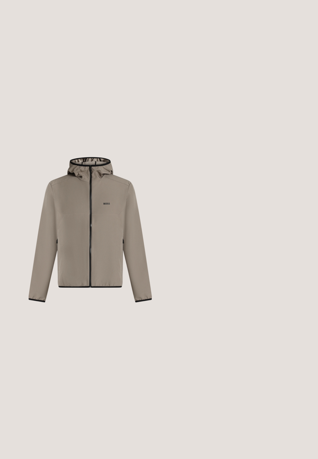 Veste à capuche taupe avec fermeture éclair noire et logo BOSS sur la poitrine gauche, comprenant des manches longues et des bordures noires aux poignets et à l'ourlet.; Pull crème à col rond, tissu texturé, poignets et ourlet côtelés. Présente un logo "BOSS" noir sur la poitrine.; Chemise rayée présentant des rayures verticales bleu clair et blanches, avec un bouton sur le devant et une poche sur la poitrine. Manches longues avec des poignets boutonnés.; Shorts en denim bleu clair avec une coupe à jambe droite, taille mi-haute, poches avant et une poche arrière unique, finition avec des coutures discrètes.; Sandale slide noire avec deux larges brides réglables et semelle texturée, conçue pour un usage décontracté.; Sac bandoulière rectangulaire noir avec une poche avant zippée et une bandoulière réglable, avec le logo BOSS.