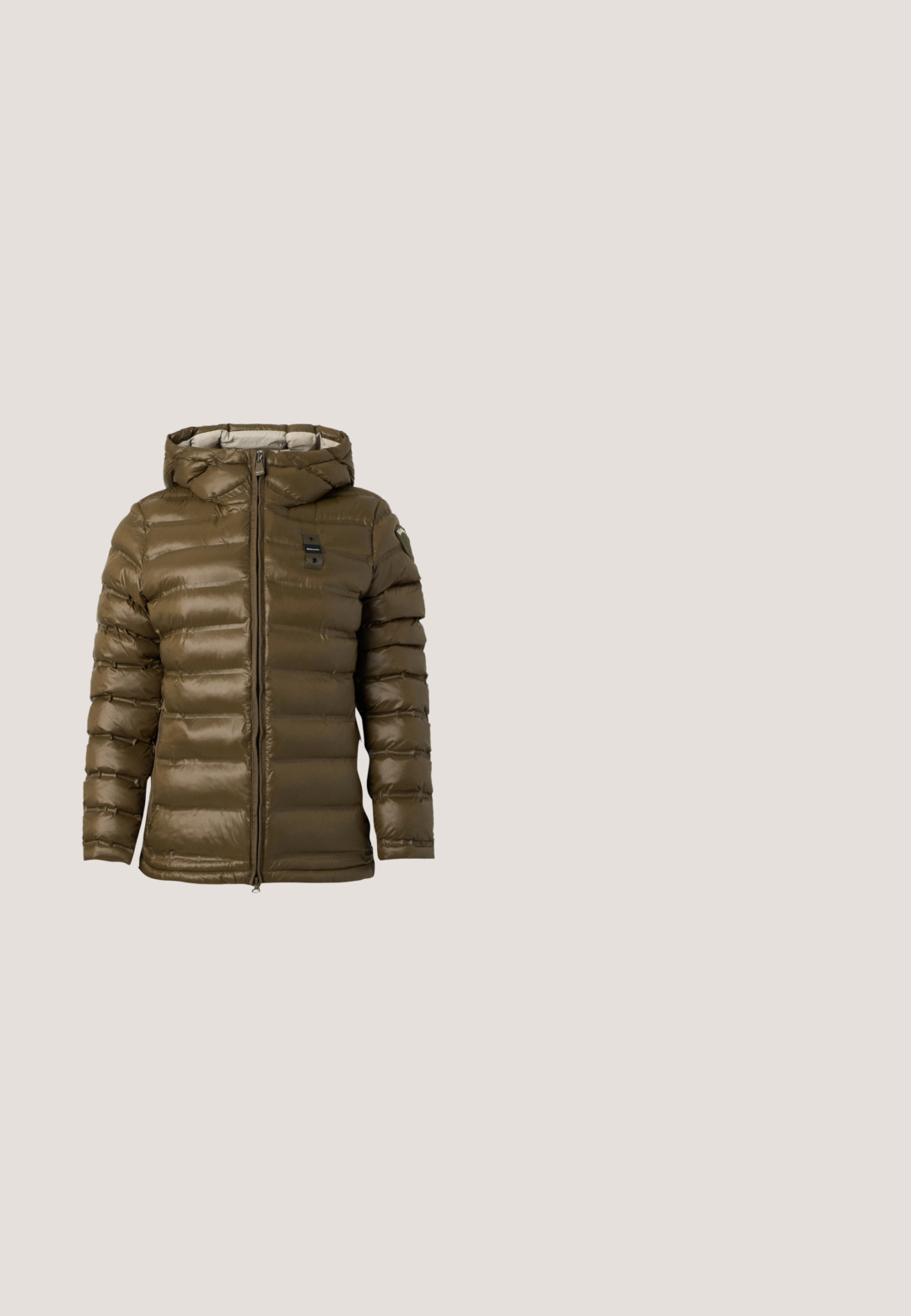 Brun polstret hættejakke med frontlynlås og små logopatche på bryst og øvre ærme på hvid baggrund.; Langærmet, lys beige skjorte lavet af glat stof, med A|X-logo prydet med klare rhinsten og rund krave.; Mørkeblå denimjeans med højt liv, lige ben-design, fem lommer og sølvfarvet hardware. Har diskret lysepletter og syede sømme.; Brun sneaker med et mønstret stofoverdel, læderdetaljer og en hvid mellemsål. Har runde snørrebånd og en tekstureret gummi ydersål.; Brun Michael Kors shopper-taske med lange lysebrune håndtag, forreste lynlåslomme og påsat lædermærke, sat mod en ensfarvet hvid baggrund.; Guldcreoler med rektangulære pink ædelsten sat nær låsene mod en ens hvid baggrund.