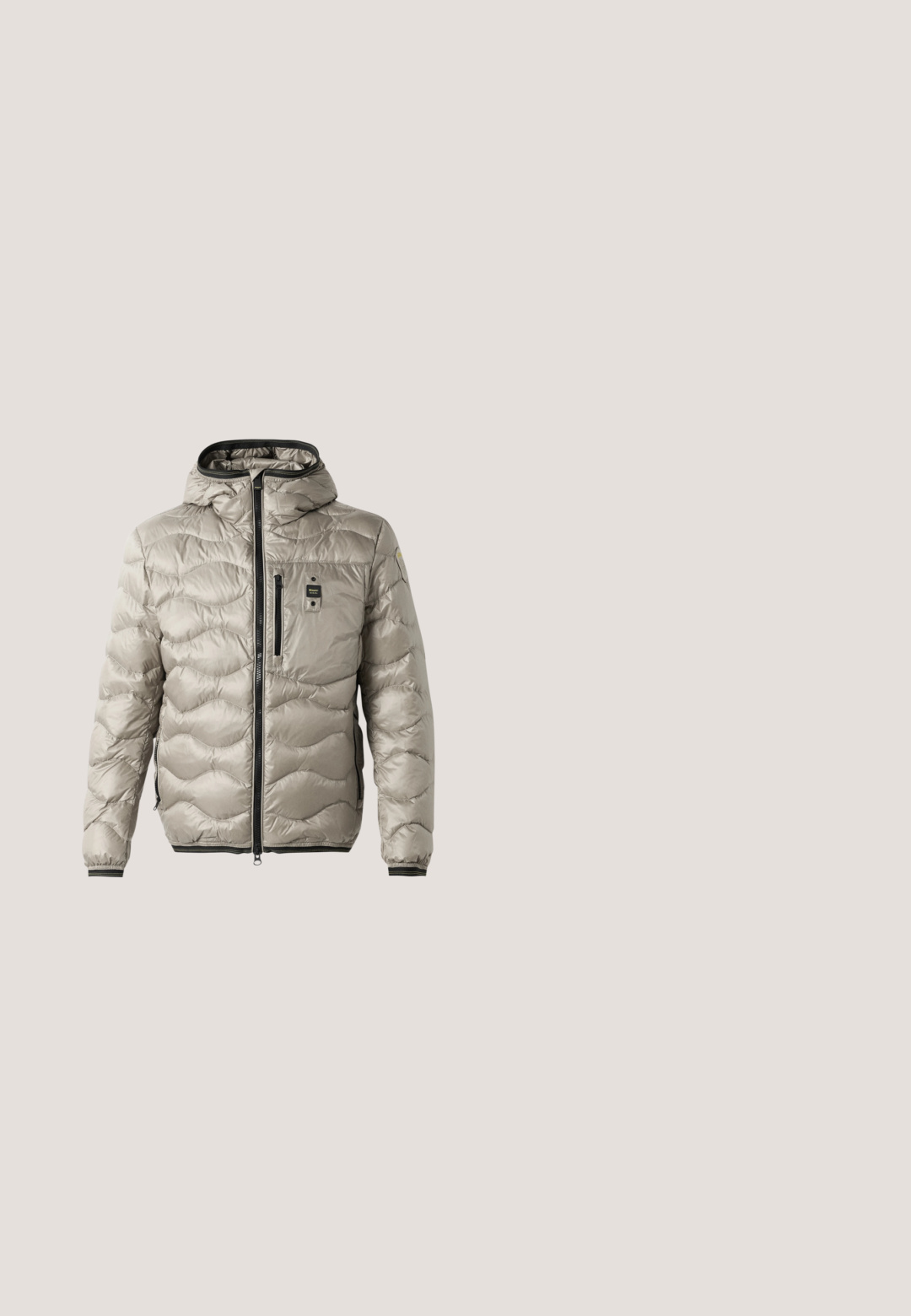 Chaqueta acolchada de color gris claro con un diseño acolchado, cierre frontal con cremallera, capucha fija, bolsillos laterales y puños elásticos. Presenta un pequeño parche con el logotipo en el pecho.; Sudadera blanca de manga larga con cremallera parcial y cuello alto, puños y bajo acanalados, logo de Lacoste en el puño y parche en el pecho en la parte frontal.; Camiseta blanca de manga corta con el logo "ea7" en negro y una franja horizontal en la parte superior izquierda del pecho, con paneles de malla en las mangas.; Pantalones deportivos verdes hechos de tela suave, con una cintura elástica, bolsillos laterales y puños acanalados en los tobillos para un ajuste entallado.; Botín de piel negra hasta el tobillo con superficie texturizada, puntera redonda, cordones en la parte delantera y un ligero tacón con suela de goma.; Bolso mensajero negro con textura geométrica, solapa de cuero lisa, herrajes plateados y correa ajustable; cuenta con un compartimento con cremallera.