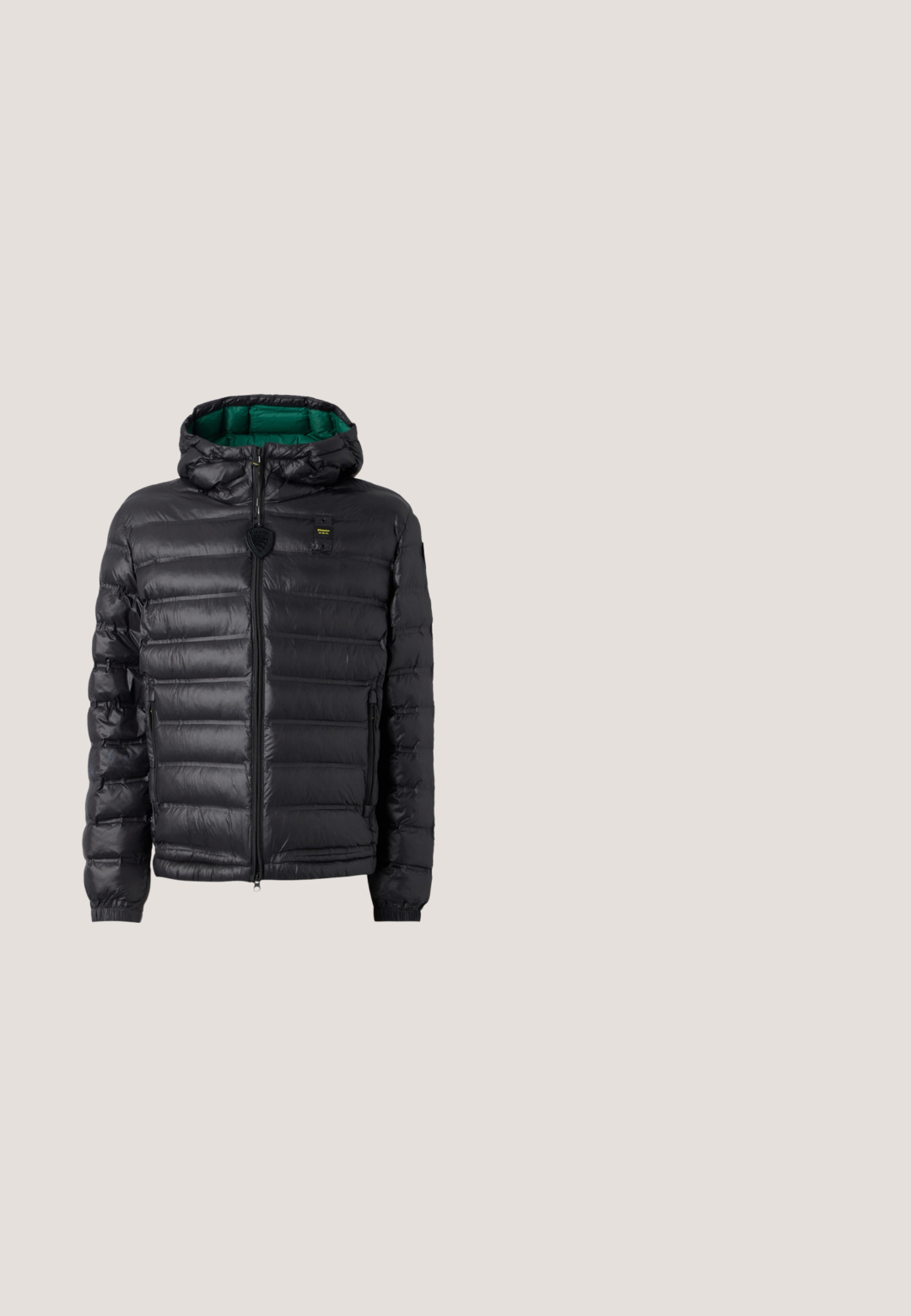 Veste matelassée noire avec capuche, finition brillante, doublure verte, fermeture éclair et poignets élastiques. Comprend un logo de marque sur la poitrine.; Débardeur noir sans manches en coton doux. Il présente une encolure ronde et une coupe droite, avec des détails de couture minimaux.; Jean en denim noir à coupe droite, doté d'une poche avant, d'un bouton en métal et d'un léger effet délavé. Texture lisse et tissu durable.; Mocassins en cuir marron foncé avec un bout arrondi, des détails de couture discrets et une semelle en caoutchouc basse. Texture lisse avec un ajustement flexible.; Lunettes de soleil noires avec une forme rectangulaire, des verres foncés, une monture en plastique brillant et des accents métalliques sur les branches.; Ceinture en cuir noir avec une boucle en métal argenté et une seule agrafe. Elle présente un accent de logo en rouge, blanc et bleu près de la boucle.