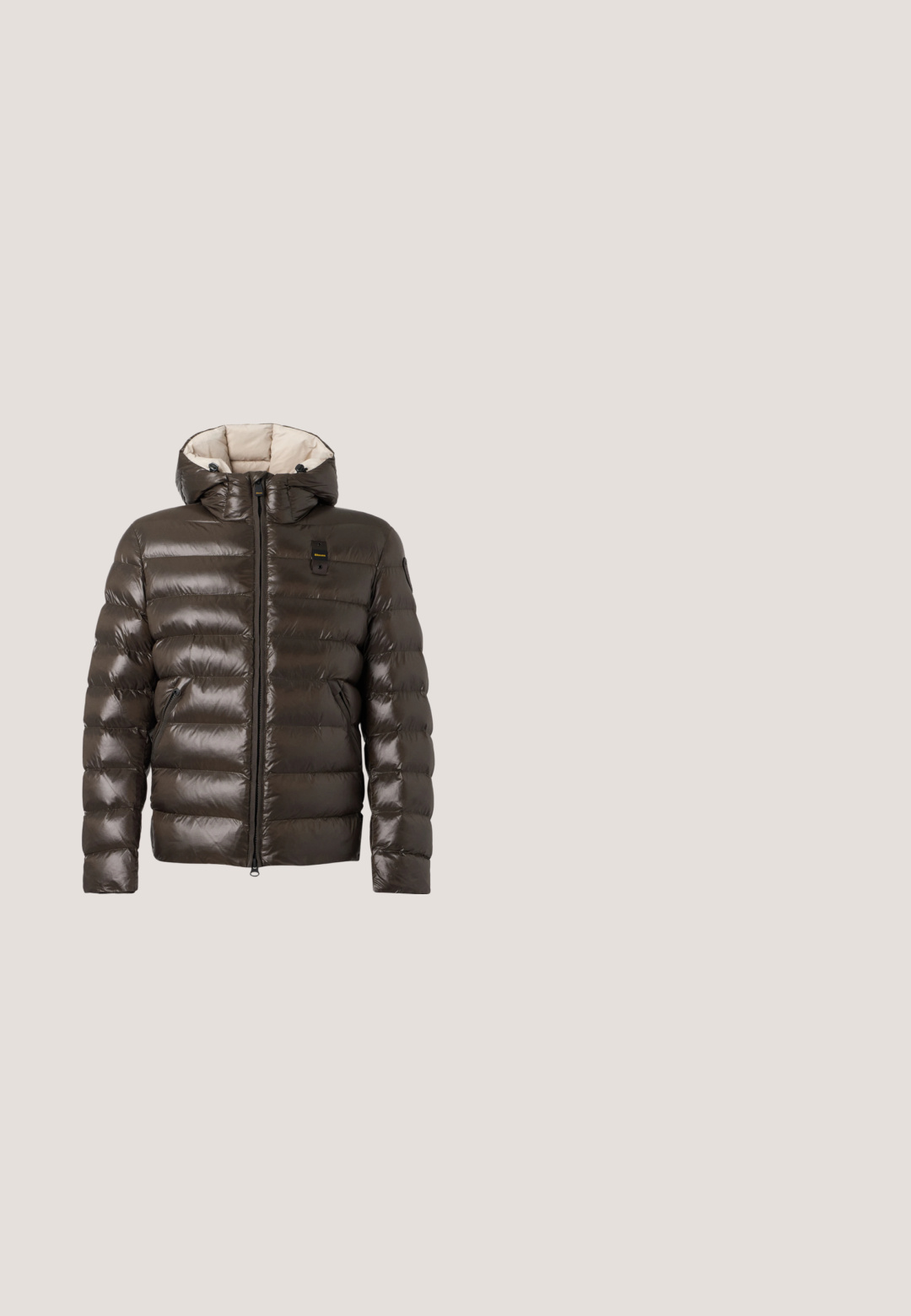 Mørkebrun skinnende puff jakke med hætte, lynlås foran og lynlåslommer, vist mod en lys grå baggrund.; Beige strikket zip-up sweater med ribbet tekstur, høj krave og lange ærmer. Har en metallisk lynlås og ingen yderligere mønstre.; Beige kortærmet T-shirt til mænd med rund hals og et subtilt fordybet mønster af det gentagne mærkenavn på stoffet.; Brune straight-leg jeans lavet af denim med forlommer og metal knaplukning på en ensfarvet lys baggrund.; Brun læder ankelstøvle med elastiske sidepaneler og et pull-tab. Glat overflade, rund tå og en lav, stablet hæl.; Lille rektangulær brun crossbodytaske med mønstret tekstur, frontlogo-patch, lynlås og bred justerbar rem.
