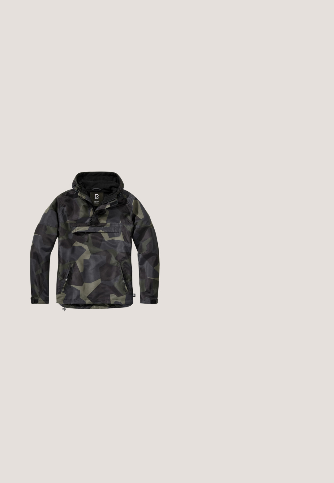 Lichte gewatteerde jas met een zwart en olijfgroen camouflagepatroon. Voorzien van een voorklep, zijritsen en elastische manchetten. Glad, waterafstotend materiaal.; Zwarte geribbelde gebreide hoodie met een voorzak en een capuchon met trekkoord. Heeft een losse fit en een gestructureerd patroon op de stof.; Zwart en grijs geblokt flanellen shirt met lange mouwen, knoopsluiting aan de voorkant, twee borstzakken en een licht gebogen zoom. Gegarneerde stof.; Olijfgroene cargobroek met rechte snit, gemaakt van gestructureerde stof. Bevat grote zijzakken en een knoopsluiting.; Witte leren sneaker met lage schacht, veterluiting en platte zool, zijaanzicht, op een effen lichtgrijze achtergrond.; Brandit US COOPER EVERYDAYCARRY-SLING - Schoudertas - blizzard camo