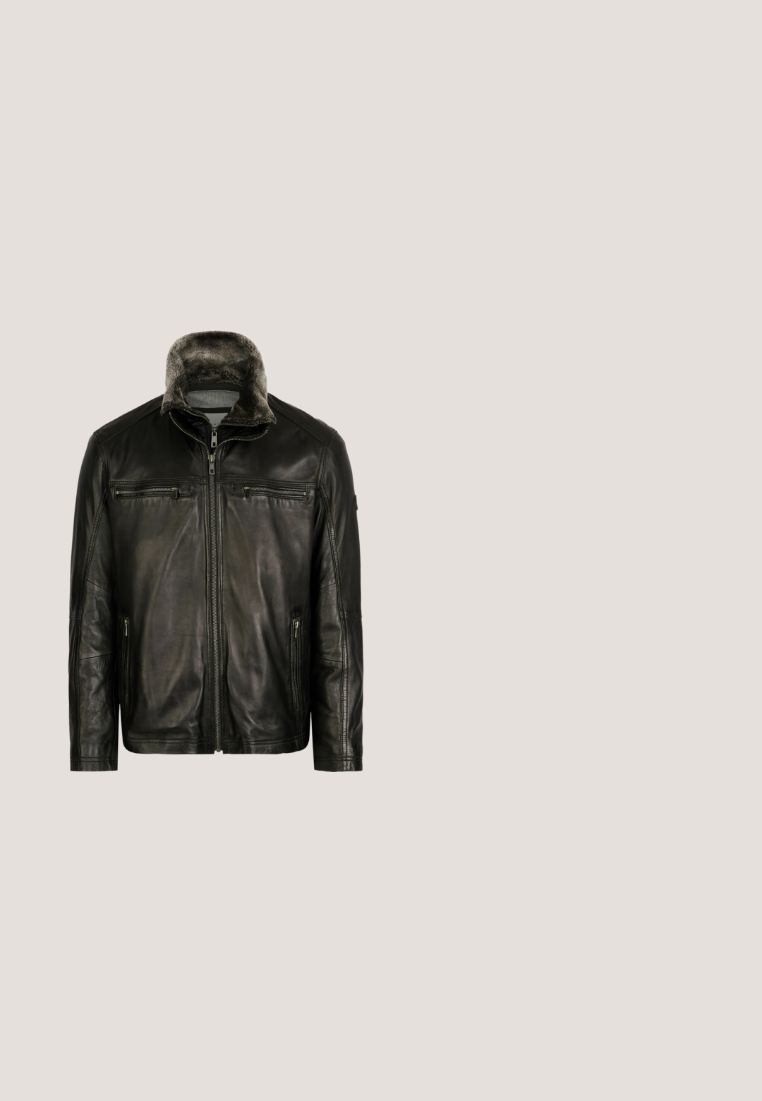Zwarte leren jack met hoge kraag met bontvoering, twee ritsborstzakken, zijzakken en een soepele textuur.; Donkergroene gebreide trui met een ronde hals, geribbelde manchet en zoom, voorzien van een klein rood vogel logo op de linkerborst.; Donkergroene lange mouw shirt van gestructureerde stof. Bevat twee borstzakken, knoopsluiting en een puntige kraag.; Next SUPER SKINNY - Jeans Skinny Fit - black; Groene leren enkellaars met bontvoering, bruine accenten, metalen oogjes en een gestructureerde rubberen zool. Bevat branding op de zijkant.; Olijfgroene, gestructureerde crossbodytas met verstelbare band en driehoekig Guess-logo aan de voorkant in het midden.